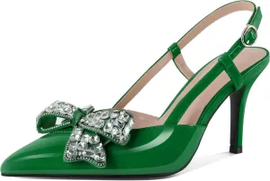 SAMMITOP Slingback Rhinestone Bow Heels for Women Closed Pointed Toe High Heel Ankle Strap Pumps Slip On Stilettos Wedding Bride Dress Shoes 3.5 Inch
