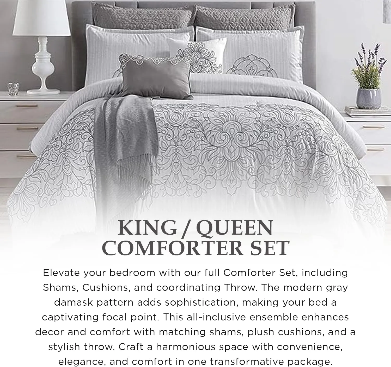 Sapphire Home Luxury 8 Piece Full Queen Comforter Set with Shams, Cushions, and Throw, Modern Elegant Light Gray Damask Pattern Comfy Bedroom Cover Collection Sheet, Bed in a Bag, Queen Size