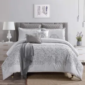 Sapphire Home Luxury 8 Piece Full Queen Comforter Set with Shams, Cushions, and Throw, Modern Elegant Light Gray Damask Pattern Comfy Bedroom Cover Collection Sheet, Bed in a Bag, Queen Size