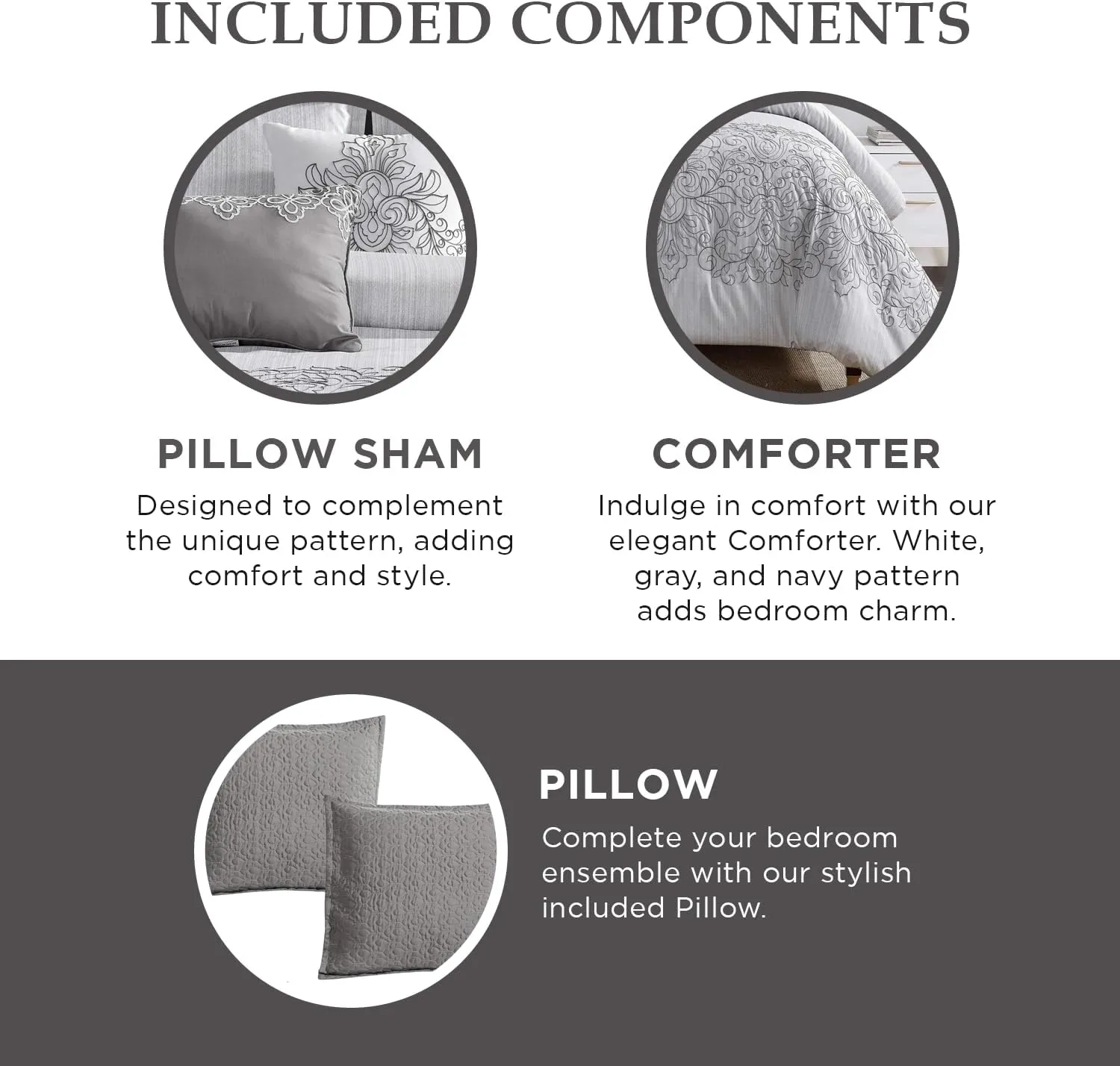 Sapphire Home Luxury 8 Piece Full Queen Comforter Set with Shams, Cushions, and Throw, Modern Elegant Light Gray Damask Pattern Comfy Bedroom Cover Collection Sheet, Bed in a Bag, Queen Size