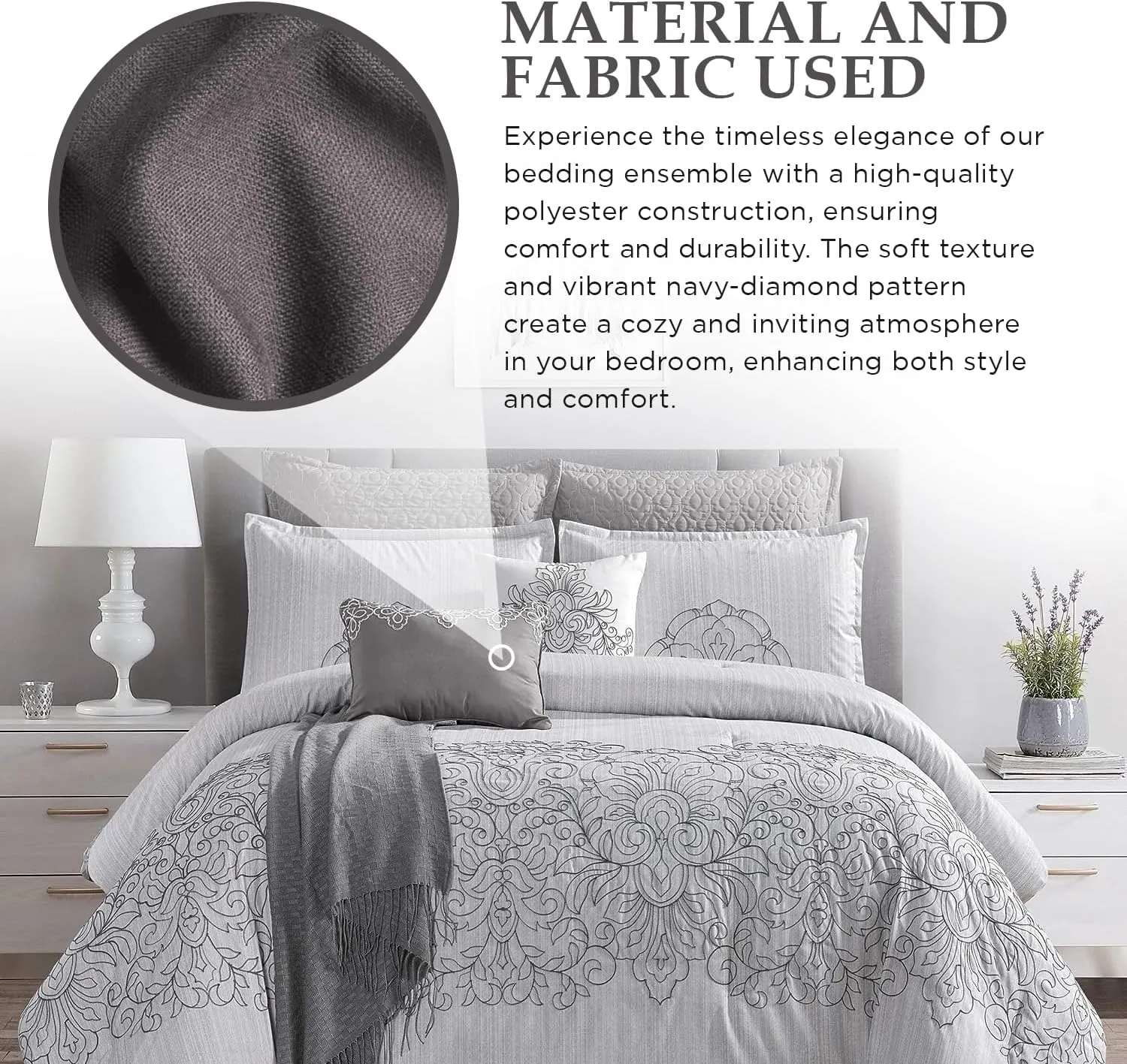 Sapphire Home Luxury 8 Piece Full Queen Comforter Set with Shams, Cushions, and Throw, Modern Elegant Light Gray Damask Pattern Comfy Bedroom Cover Collection Sheet, Bed in a Bag, Queen Size