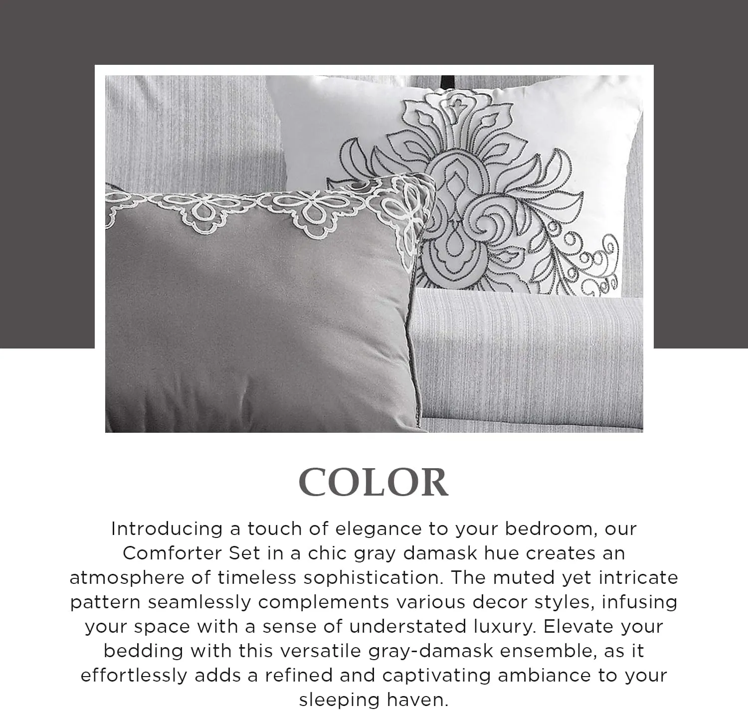 Sapphire Home Luxury 8 Piece Full Queen Comforter Set with Shams, Cushions, and Throw, Modern Elegant Light Gray Damask Pattern Comfy Bedroom Cover Collection Sheet, Bed in a Bag, Queen Size