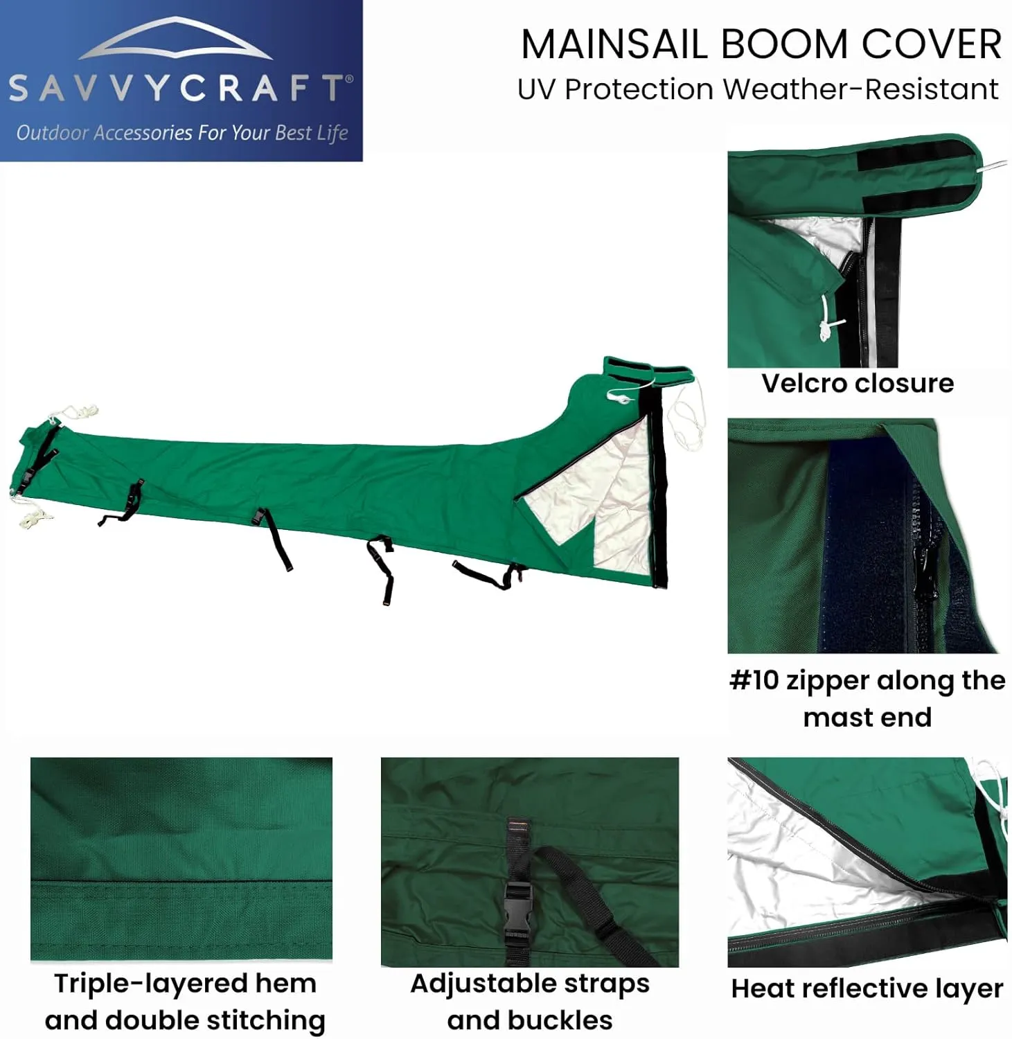 SavvyCraft Waterproof Mainsail Boom Cover, Heavy Duty 600D Sailboat Mainsail Cover UV Protection Weather-Resistant, Boom Length 13'-14' Green