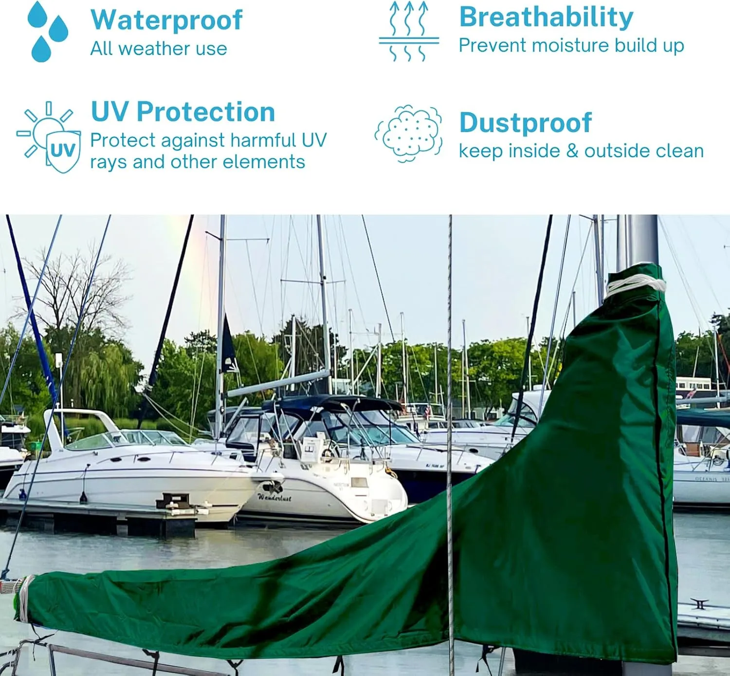 SavvyCraft Waterproof Mainsail Boom Cover, Heavy Duty 600D Sailboat Mainsail Cover UV Protection Weather-Resistant, Boom Length 13'-14' Green