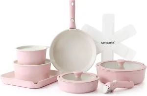 SENSARTE 17 Piece Ceramic Pots and Pans Set, Nonstick Detachable Handle Cookware, Induction Kitchen Cookware Set with Removable Handle, Dishwasher ＆ Oven Safe, PFAS/PTFE/PFOA Free (Pink)
