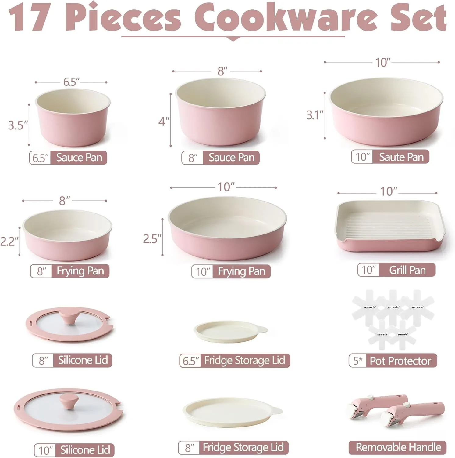 SENSARTE 17 Piece Ceramic Pots and Pans Set, Nonstick Detachable Handle Cookware, Induction Kitchen Cookware Set with Removable Handle, Dishwasher ＆ Oven Safe, PFAS/PTFE/PFOA Free (Pink)