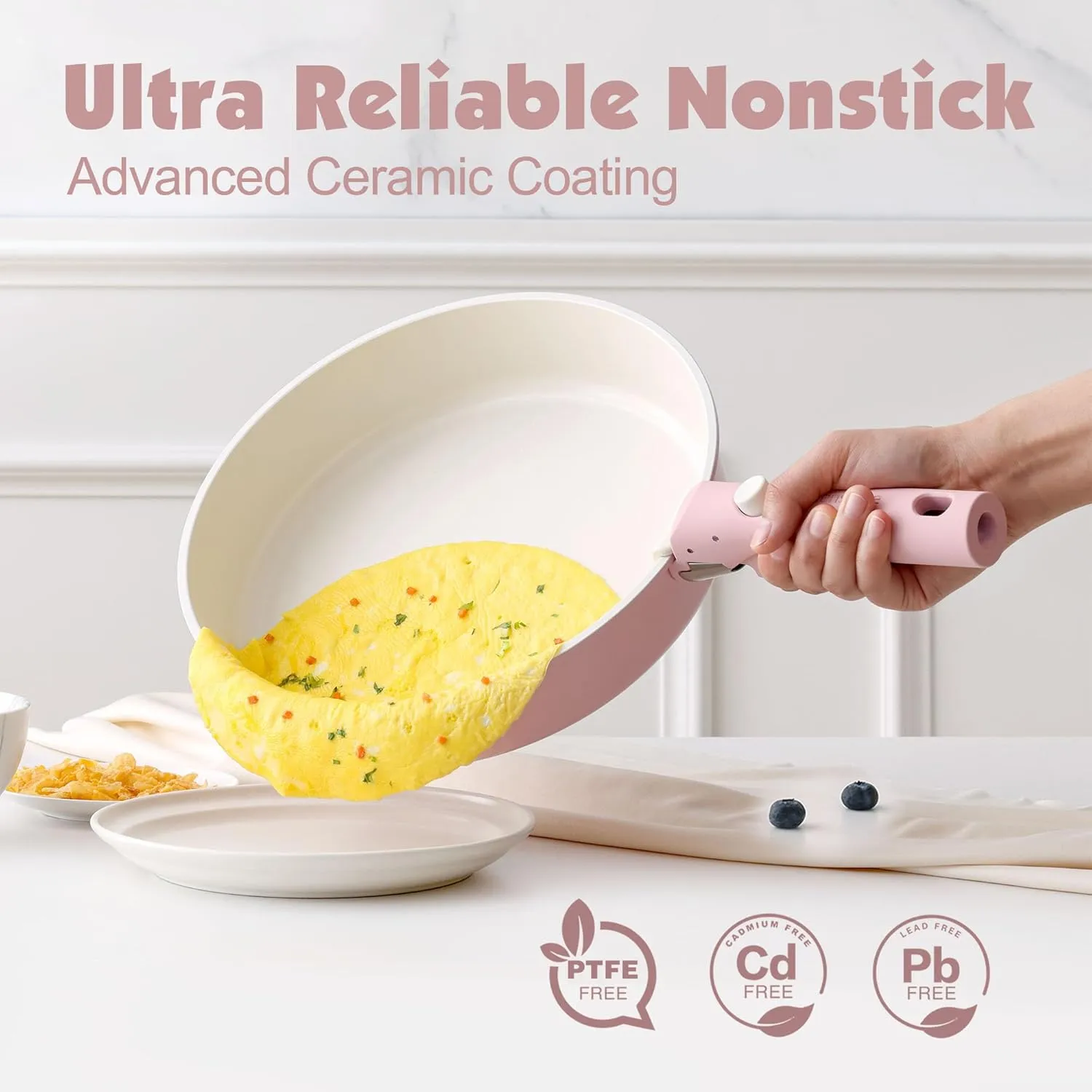 SENSARTE 17 Piece Ceramic Pots and Pans Set, Nonstick Detachable Handle Cookware, Induction Kitchen Cookware Set with Removable Handle, Dishwasher ＆ Oven Safe, PFAS/PTFE/PFOA Free (Pink)