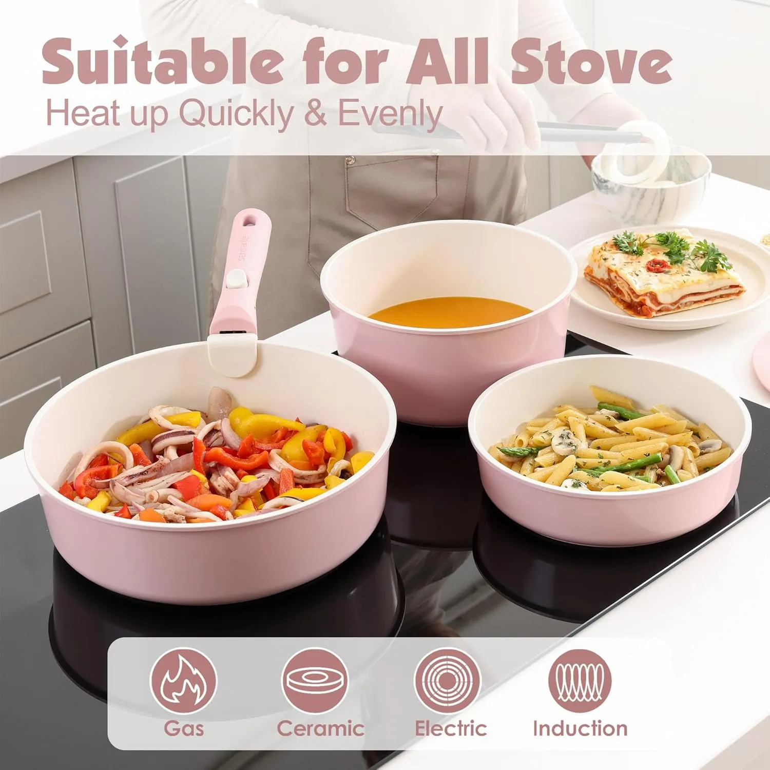 SENSARTE 17 Piece Ceramic Pots and Pans Set, Nonstick Detachable Handle Cookware, Induction Kitchen Cookware Set with Removable Handle, Dishwasher ＆ Oven Safe, PFAS/PTFE/PFOA Free (Pink)