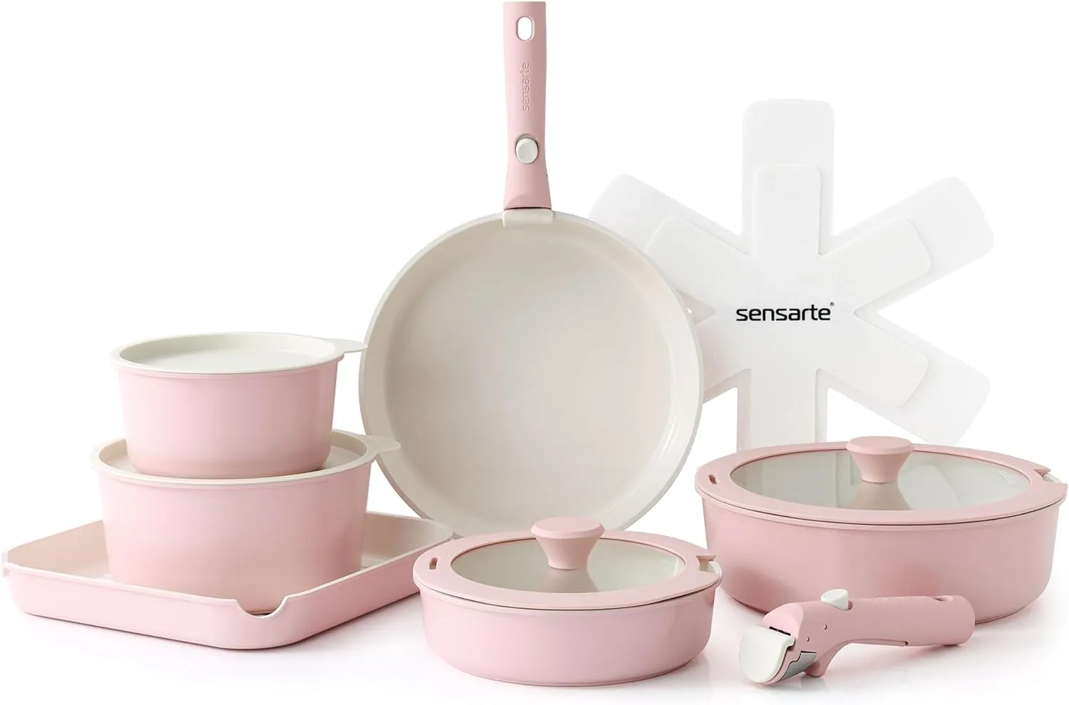 SENSARTE 17 Piece Ceramic Pots and Pans Set, Nonstick Detachable Handle Cookware, Induction Kitchen Cookware Set with Removable Handle, Dishwasher ＆ Oven Safe, PFAS/PTFE/PFOA Free (Pink)