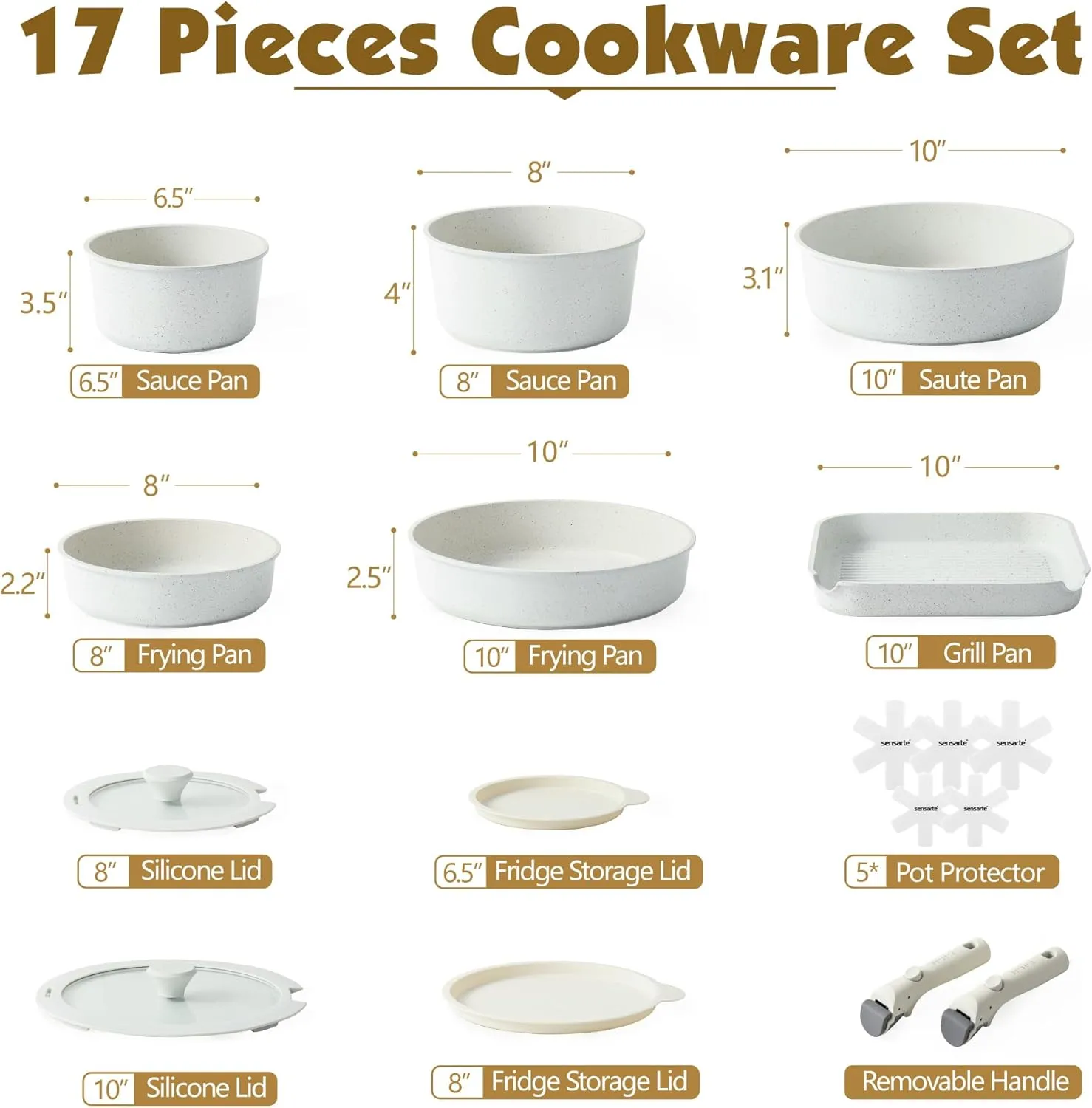 SENSARTE 17 Piece Pots and Pans Set, Nonstick Detachable Handle Cookware Set, Induction Kitchen Cookware Set with Removable Handle, Healthy Non Stick for RV, Dishwasher ＆ Oven Safe, PFOA Free (White)
