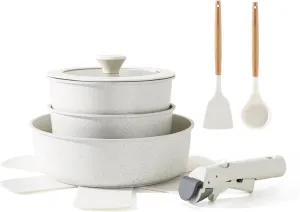 SENSARTE 9 Piece Pots and Pans Set, Nonstick Detachable Handle Cookware, Induction Kitchen Cookware Set with Removable Handle, Healthy Non Stick for RV, Dishwasher ＆ Oven Safe, PFOA Free (White)