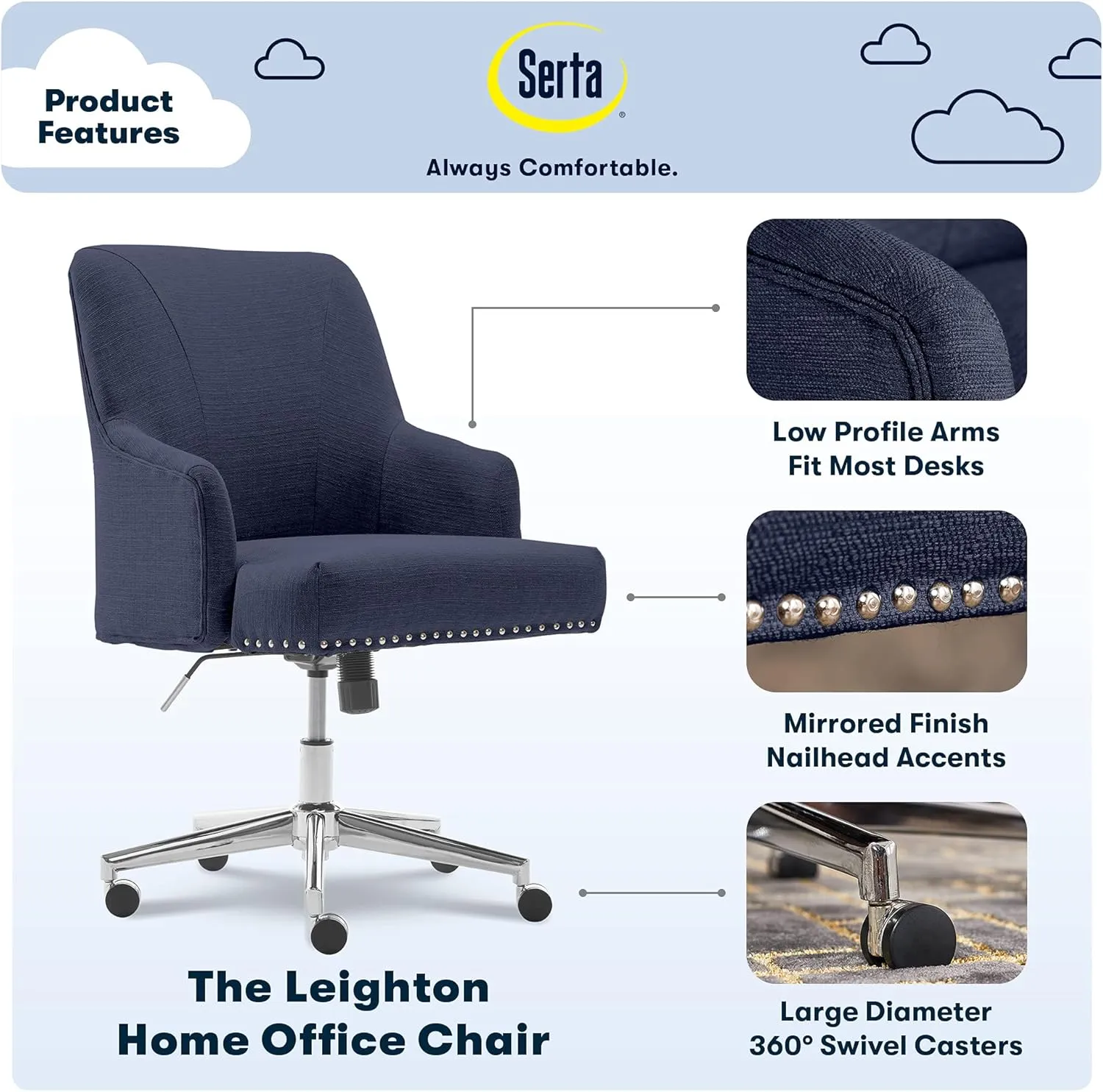 Serta Leighton Home Office Memory Foam, Height-Adjustable Desk Accent Chair with Chrome-Finished Stainless-Steel Base, Blue