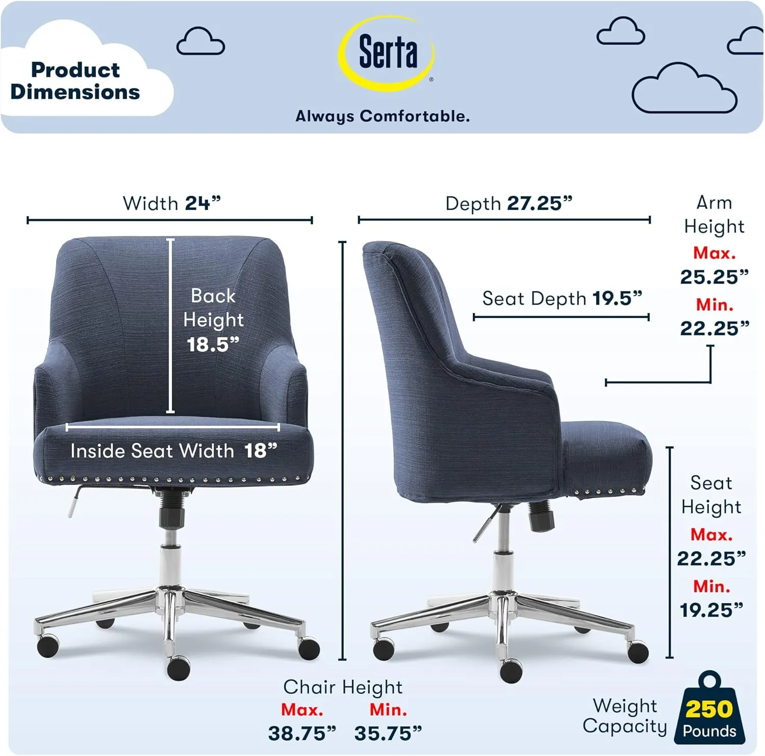 Serta Leighton Home Office Memory Foam, Height-Adjustable Desk Accent Chair with Chrome-Finished Stainless-Steel Base, Blue