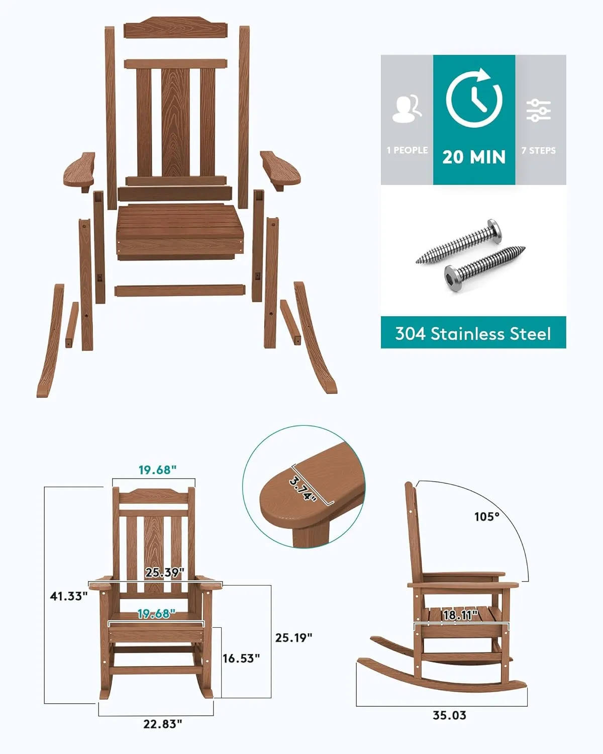 SERWALL HDPE Rocking Chair Set of 2, All Weather Patio Rocking Chair, HDPE Poly Rocking Chair for Adults, Heavy Duty Front Porch Rocker, Brown