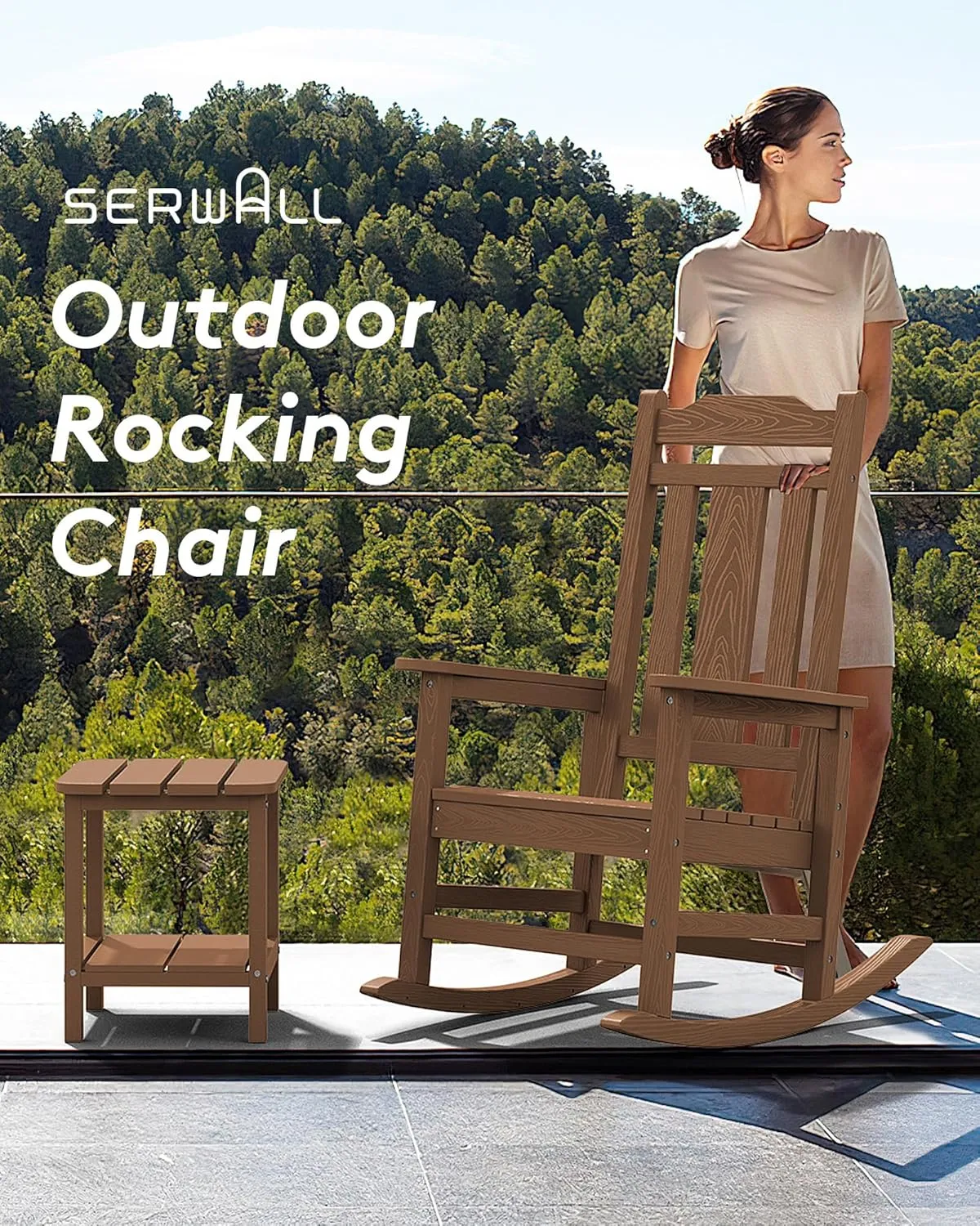 SERWALL HDPE Rocking Chair Set of 2, All Weather Patio Rocking Chair, HDPE Poly Rocking Chair for Adults, Heavy Duty Front Porch Rocker, Brown