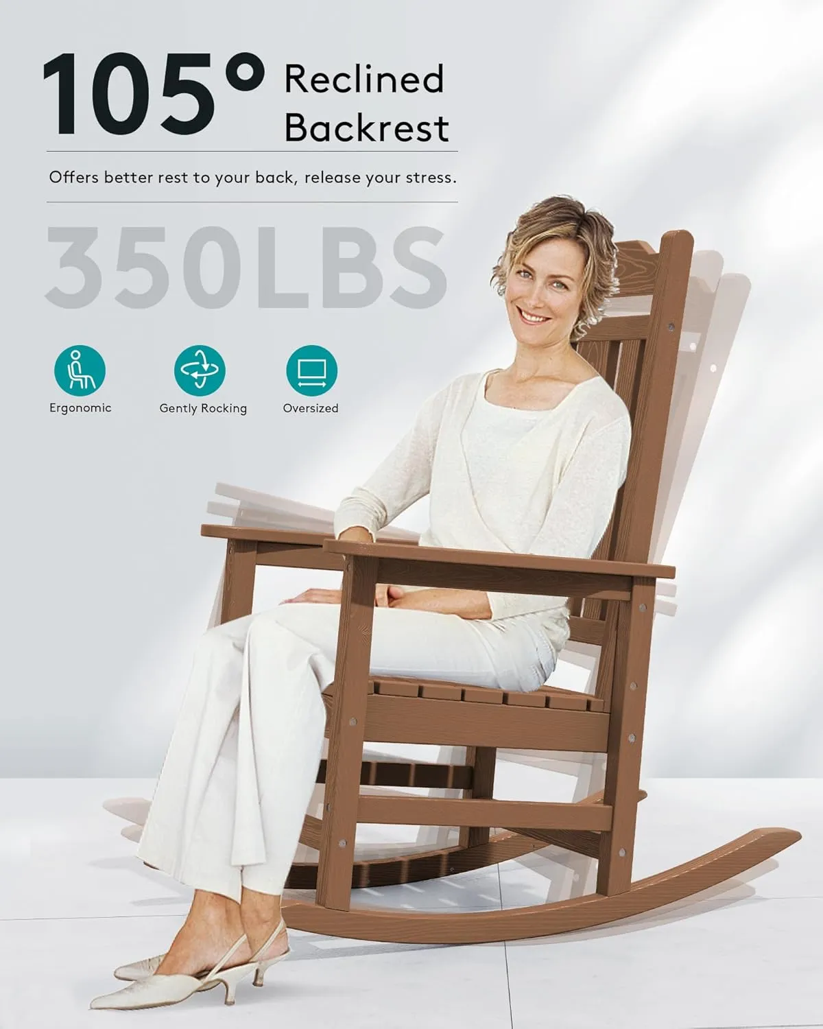 SERWALL HDPE Rocking Chair Set of 2, All Weather Patio Rocking Chair, HDPE Poly Rocking Chair for Adults, Heavy Duty Front Porch Rocker, Brown