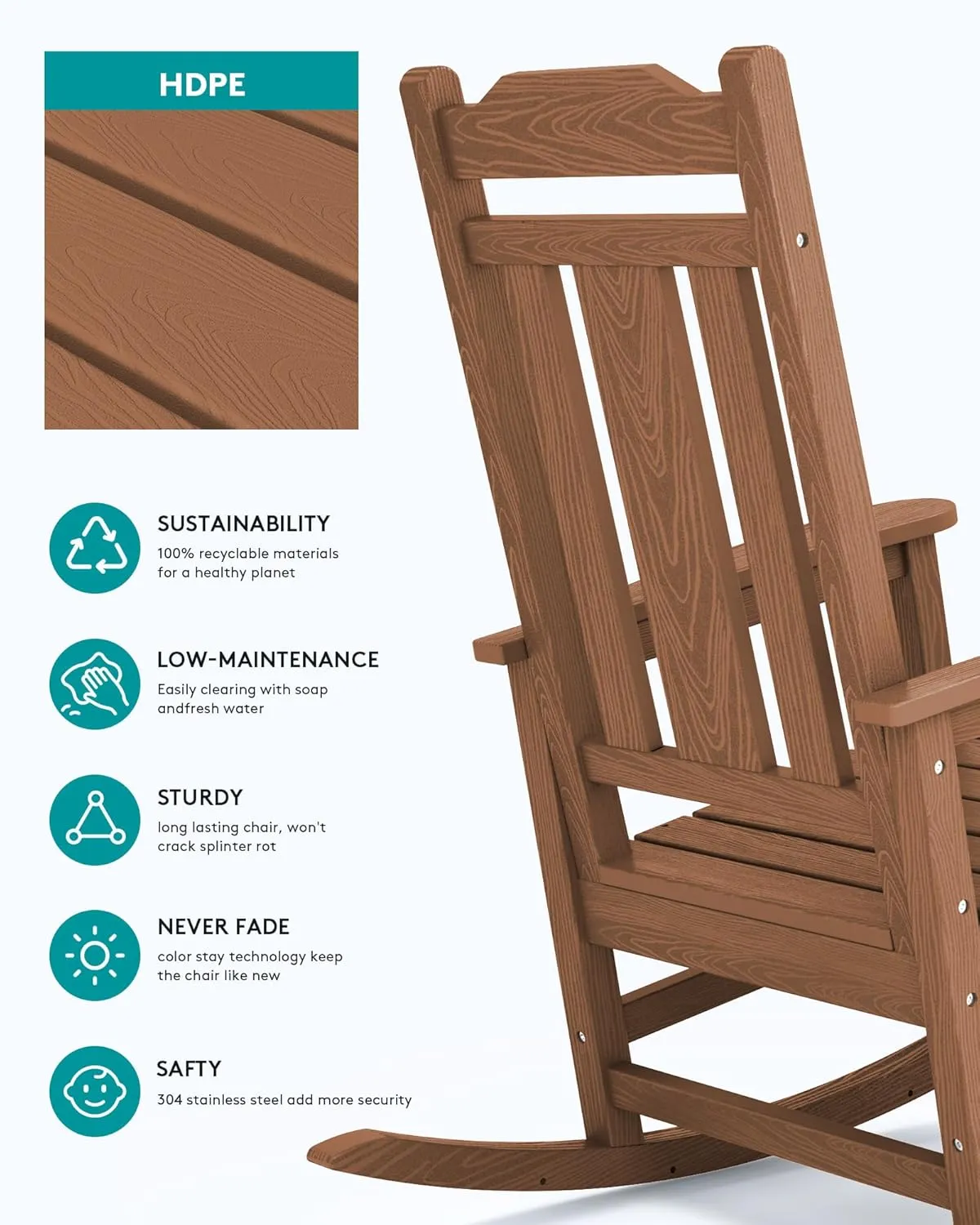SERWALL HDPE Rocking Chair Set of 2, All Weather Patio Rocking Chair, HDPE Poly Rocking Chair for Adults, Heavy Duty Front Porch Rocker, Brown