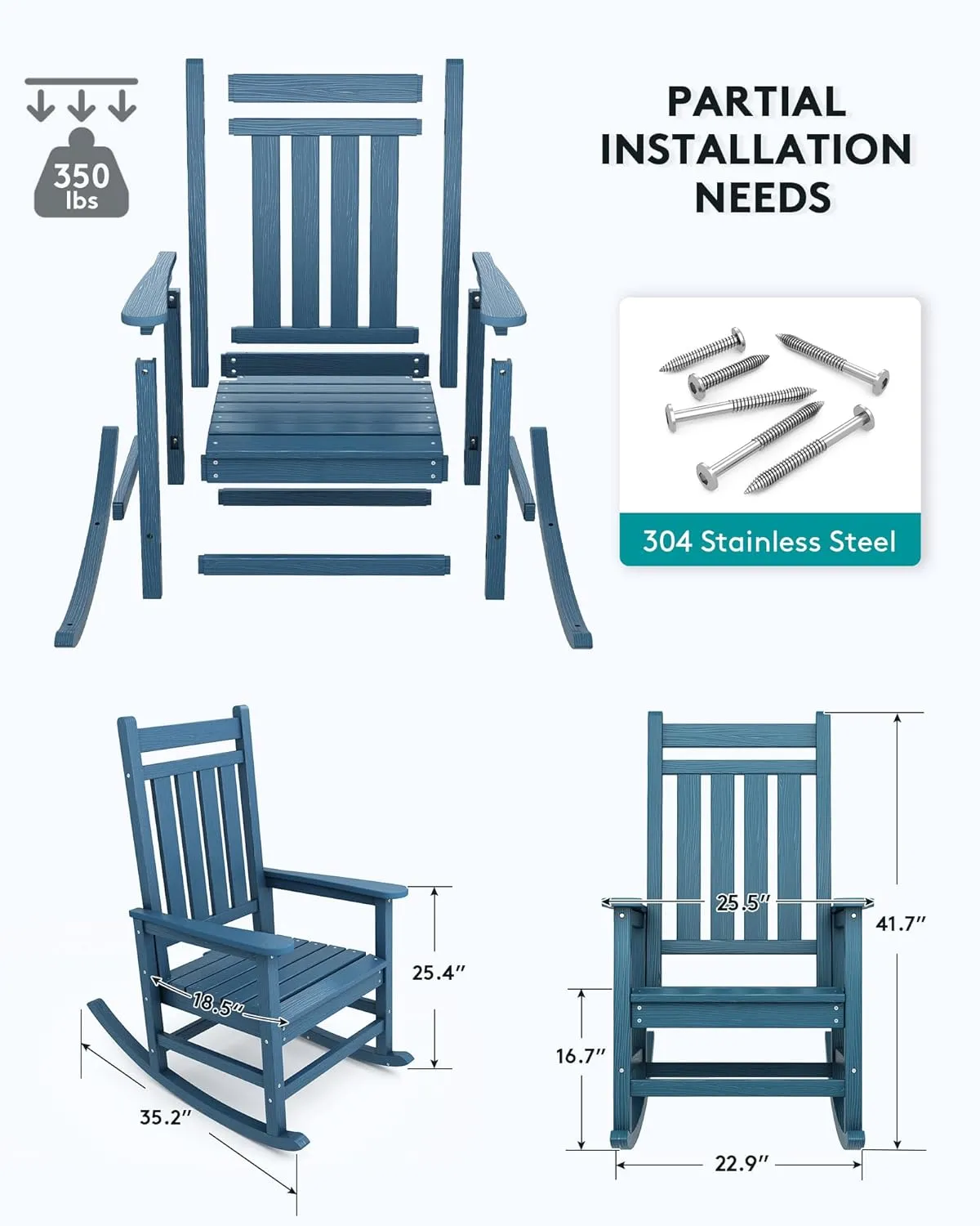 SERWALL HDPE Rocking Chair Set of 2, Outdoord Rocking Chairs for Adult, All Weather Porch Rockers for Lawn Garden, Navy