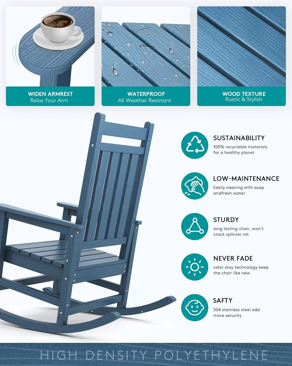 SERWALL HDPE Rocking Chair Set of 2, Outdoord Rocking Chairs for Adult, All Weather Porch Rockers for Lawn Garden, Navy