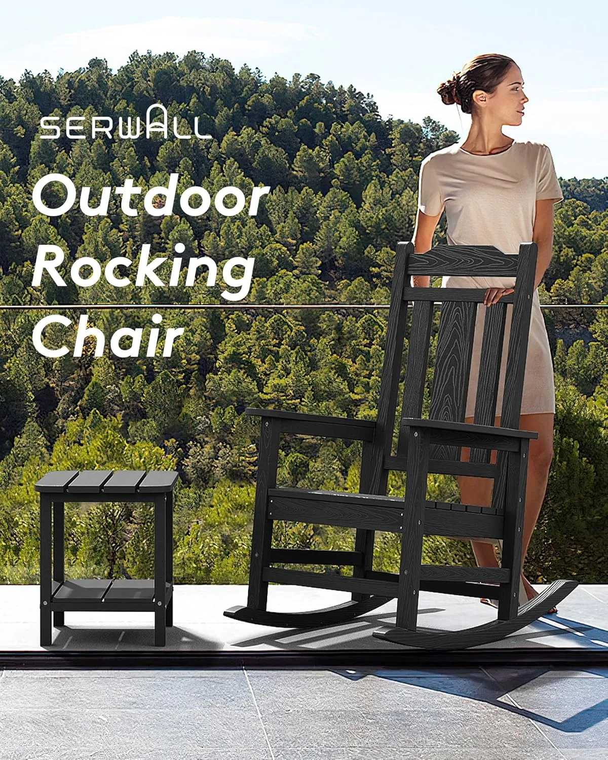 SERWALL Outdoor Rocking Chair, All Weather Patio Rocking Chair, HDPE Poly Rocking Chair for Adults, Heavy Duty Front Porch Rocker, Black