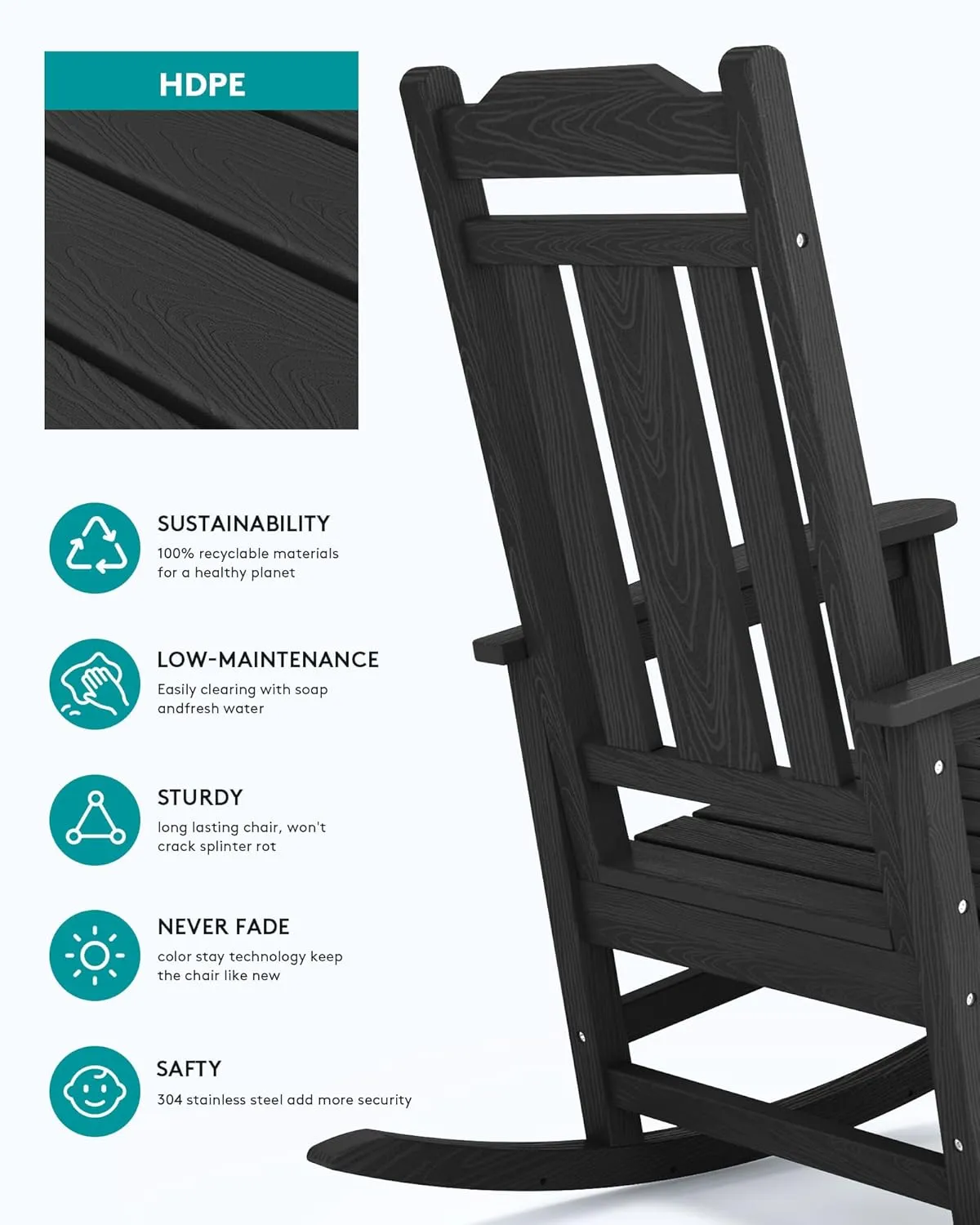 SERWALL Outdoor Rocking Chair, All Weather Patio Rocking Chair, HDPE Poly Rocking Chair for Adults, Heavy Duty Front Porch Rocker, Black