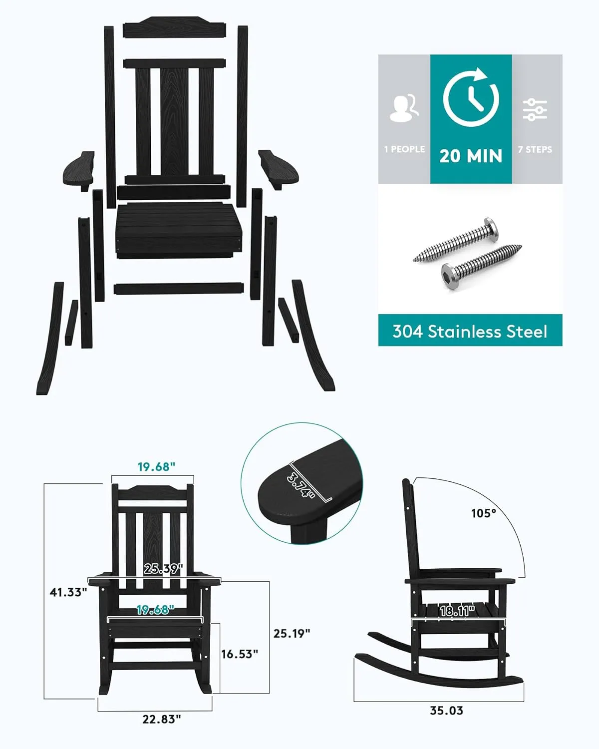 SERWALL Outdoor Rocking Chair, All Weather Patio Rocking Chair, HDPE Poly Rocking Chair for Adults, Heavy Duty Front Porch Rocker, Black