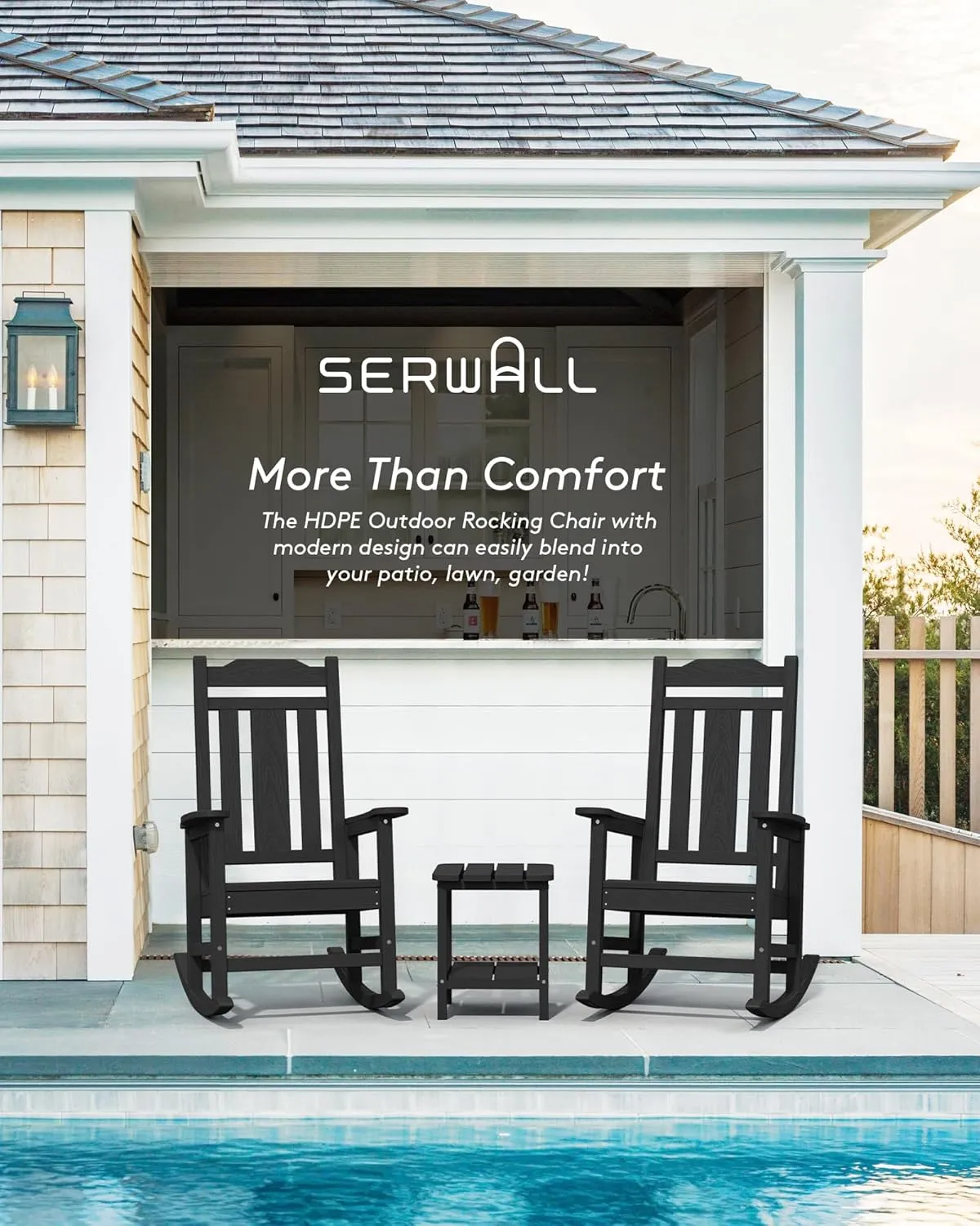SERWALL Outdoor Rocking Chair, All Weather Patio Rocking Chair, HDPE Poly Rocking Chair for Adults, Heavy Duty Front Porch Rocker, Black