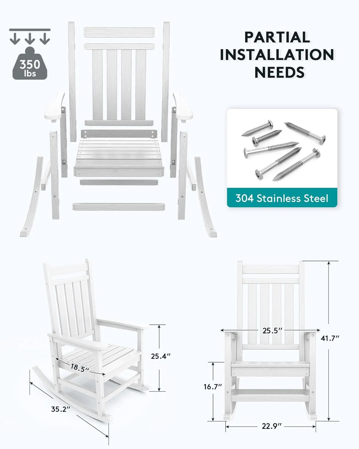 SERWALL Outdoor Rocking Chair, HDPE Rocking Chair for Adults, All Weather Porch Rockers for Lawn Garden, White