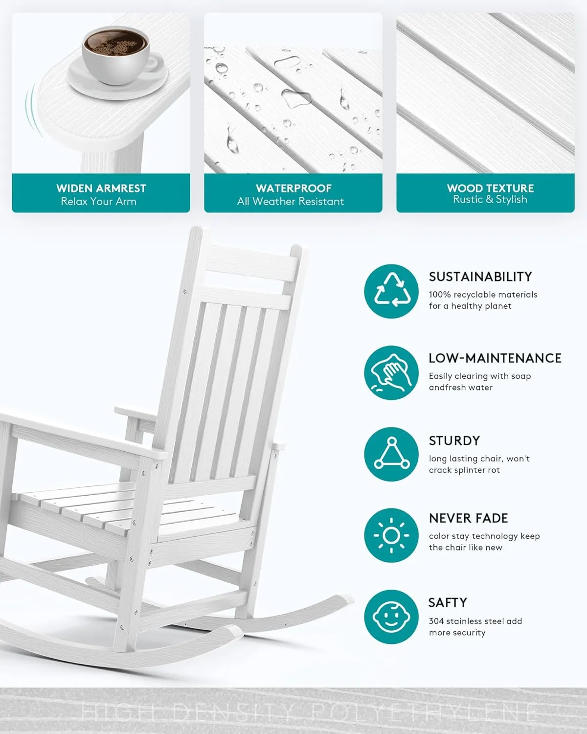 SERWALL Outdoor Rocking Chair, HDPE Rocking Chair for Adults, All Weather Porch Rockers for Lawn Garden, White