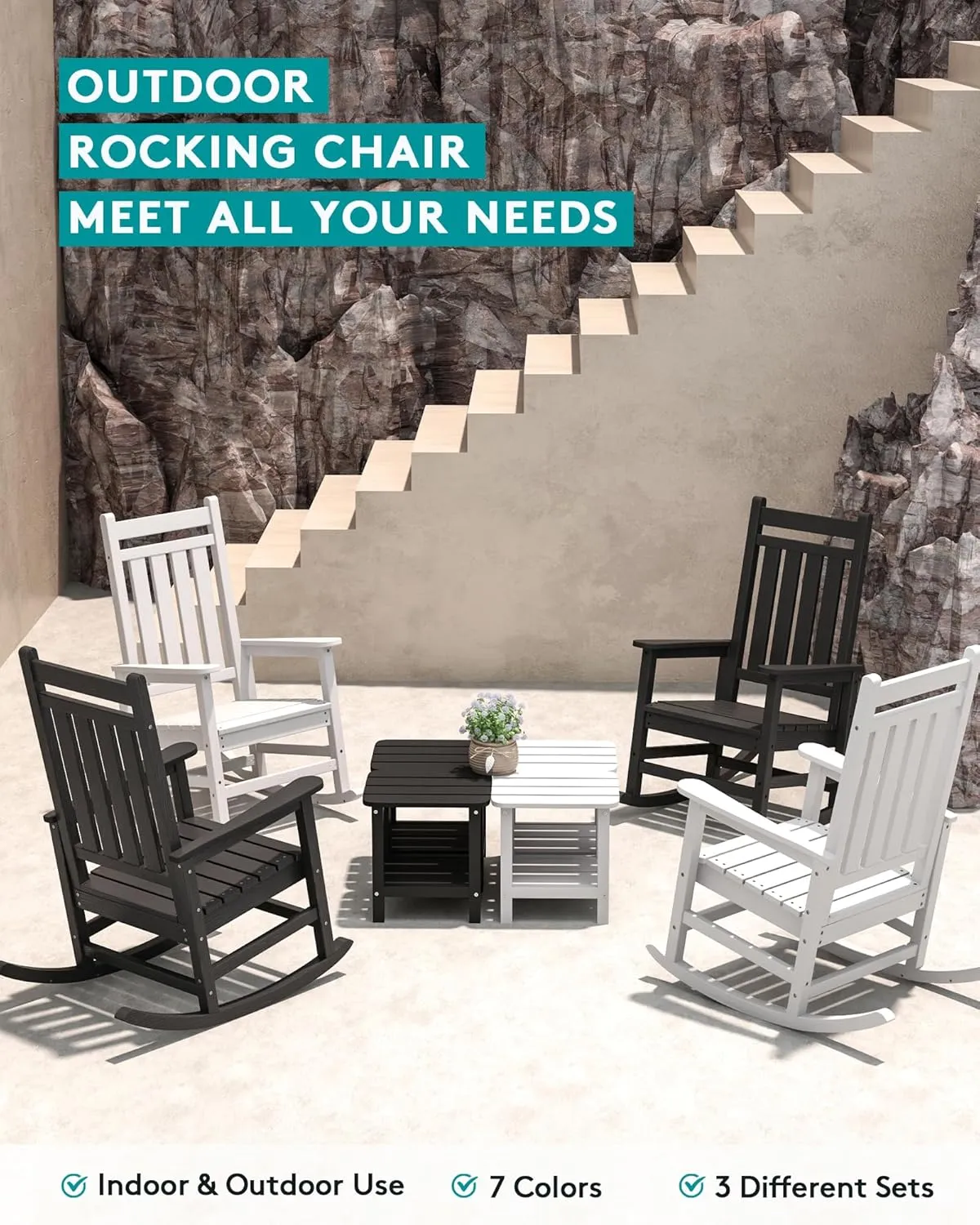 SERWALL Outdoor Rocking Chair, HDPE Rocking Chair for Adults, All Weather Porch Rockers for Lawn Garden, White