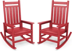 SERWALL Outdoor Rocking Chair Set of 2, HDPE Rocking Chairs for Adult, All Weather Porch Rockers for Lawn Garden, Red