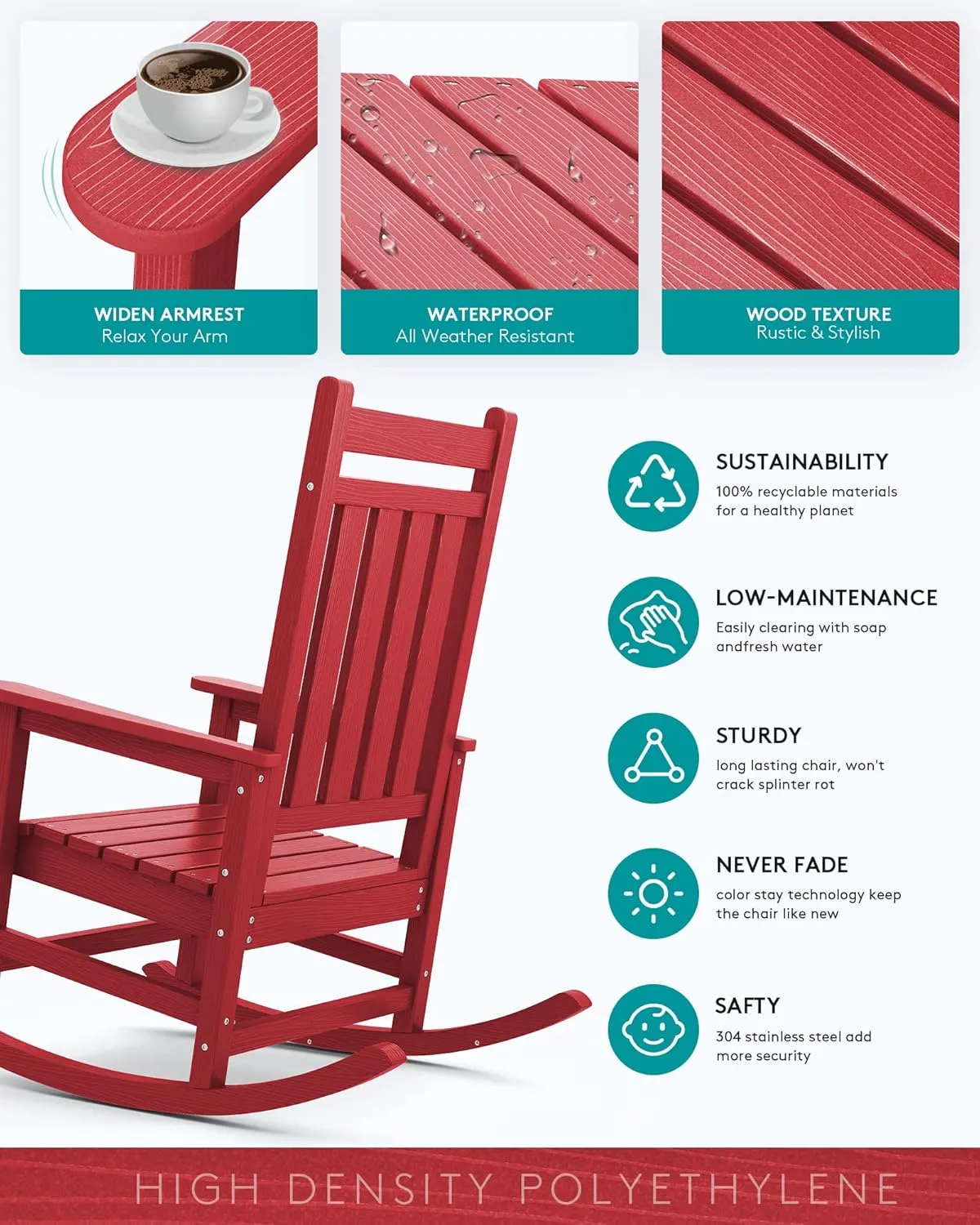 SERWALL Outdoor Rocking Chair Set of 2, HDPE Rocking Chairs for Adult, All Weather Porch Rockers for Lawn Garden, Red