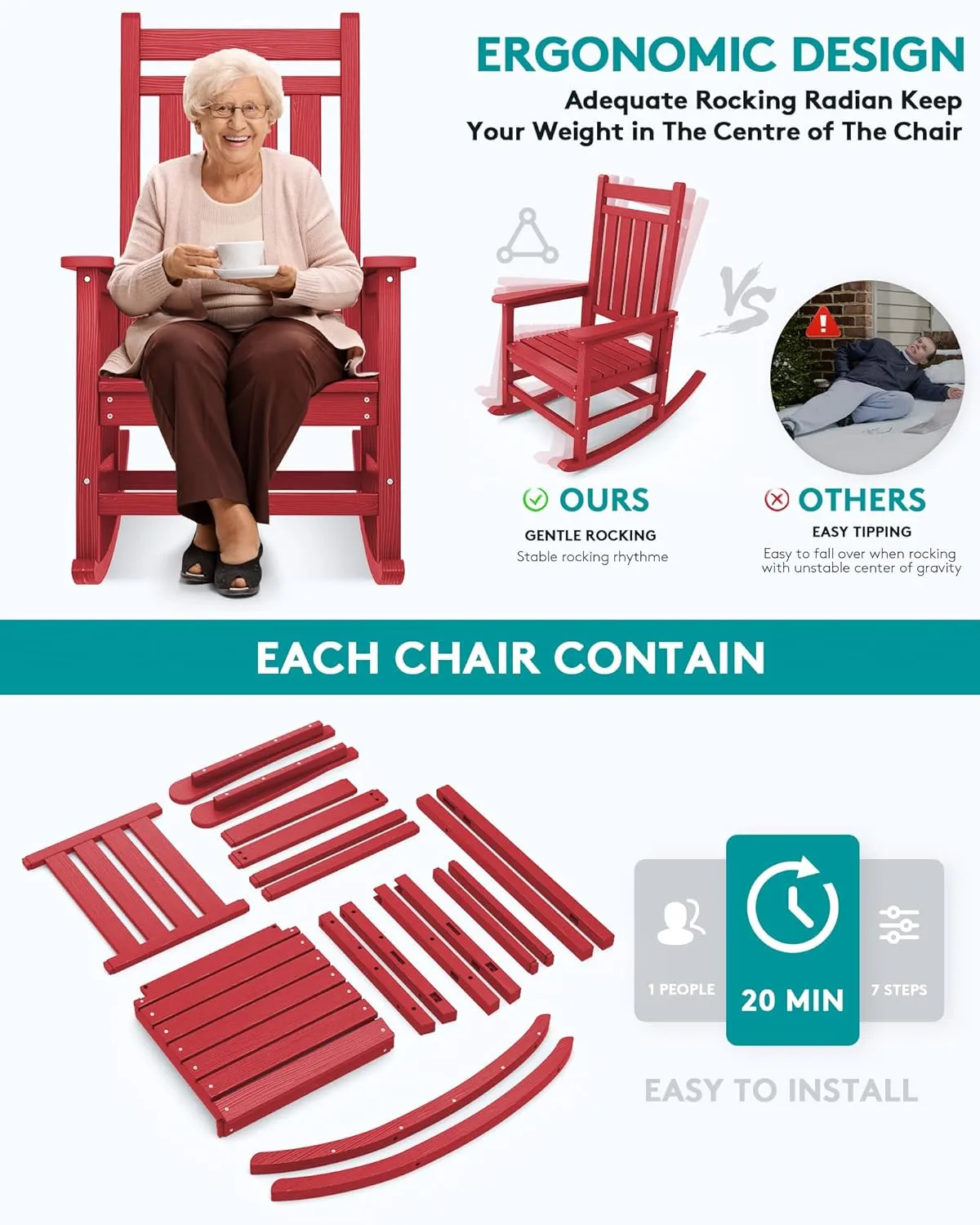 SERWALL Outdoor Rocking Chair Set of 2, HDPE Rocking Chairs for Adult, All Weather Porch Rockers for Lawn Garden, Red
