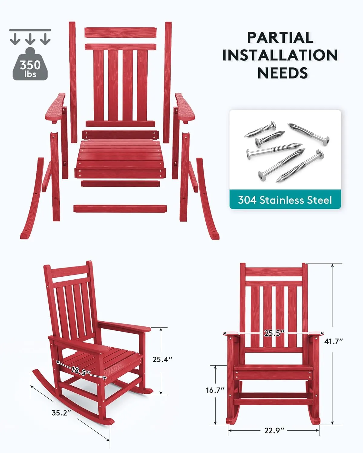 SERWALL Outdoor Rocking Chair Set of 2, HDPE Rocking Chairs for Adult, All Weather Porch Rockers for Lawn Garden, Red