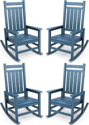 SERWALL Outdoor Rocking Chair Set of 4, HDPE Rocking Chairs for Adult, All Weather Porch Rockers for Lawn Garden, Blue