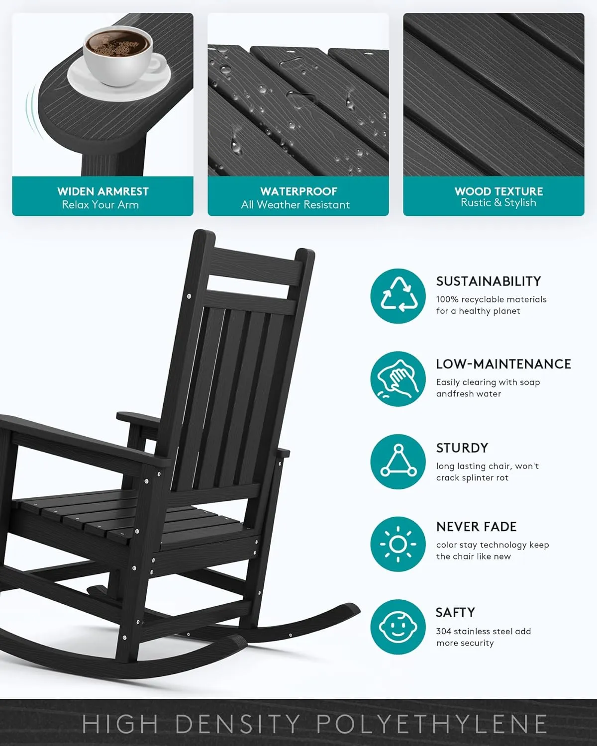 SERWALL Oversized Rocking Chair, Outdoor Rocking Chair for Adults, All Weather Resistant Porch Rocker for Lawn Garden, Black
