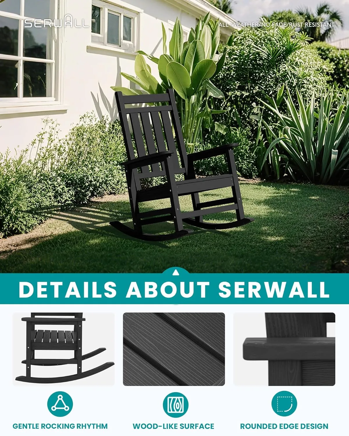 SERWALL SEWALL Oversized Cushioned Outdoor Rocking Chair, HDPE Rocker with Cushion, Patio Rocking Chairs for Porch, Black Chair Gray Cushion