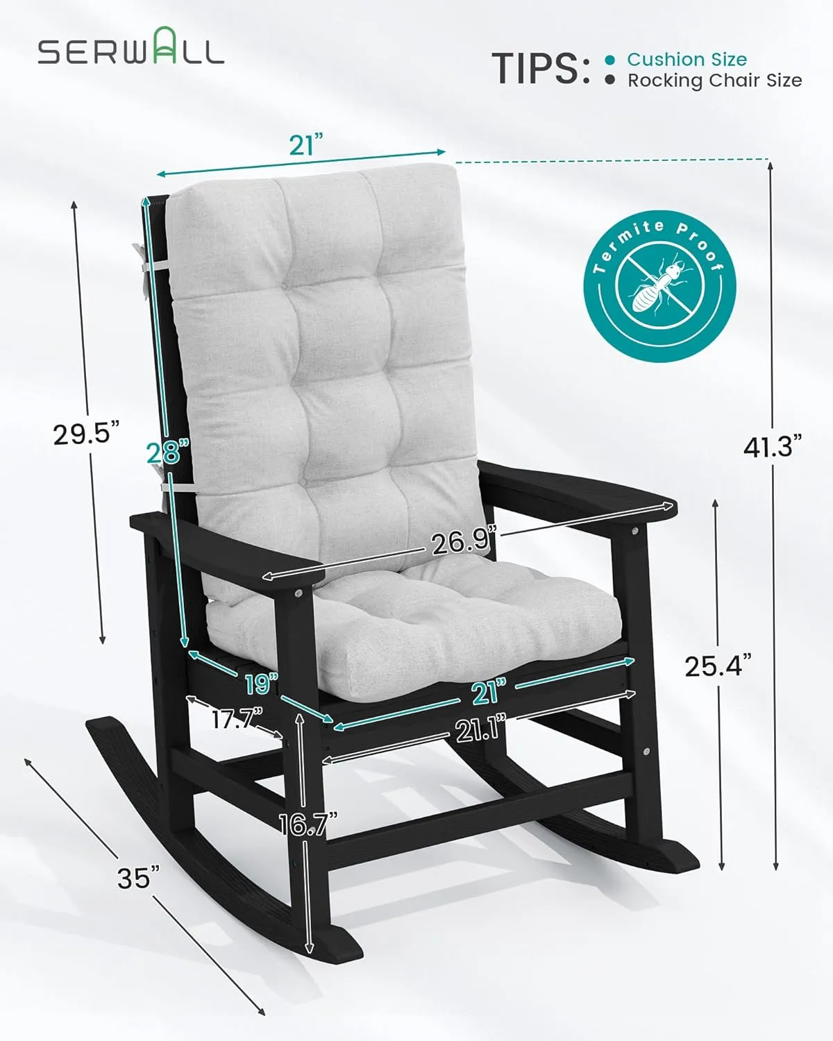SERWALL SEWALL Oversized Cushioned Outdoor Rocking Chair, HDPE Rocker with Cushion, Patio Rocking Chairs for Porch, Black Chair Gray Cushion