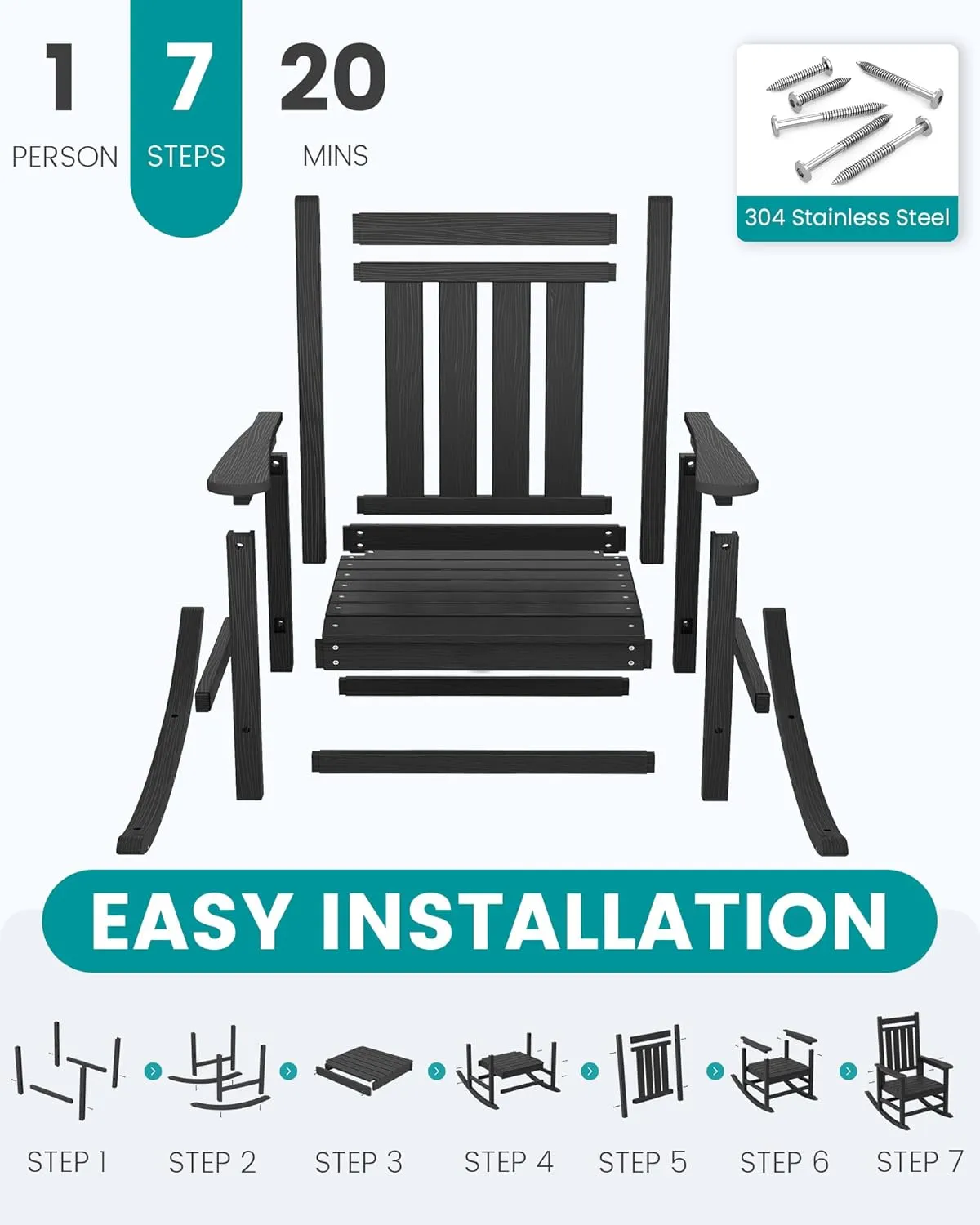 SERWALL SEWALL Oversized Cushioned Outdoor Rocking Chair, HDPE Rocker with Cushion, Patio Rocking Chairs for Porch, Black Chair Gray Cushion