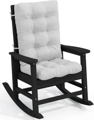 SERWALL SEWALL Oversized Cushioned Outdoor Rocking Chair, HDPE Rocker with Cushion, Patio Rocking Chairs for Porch, Black Chair Gray Cushion
