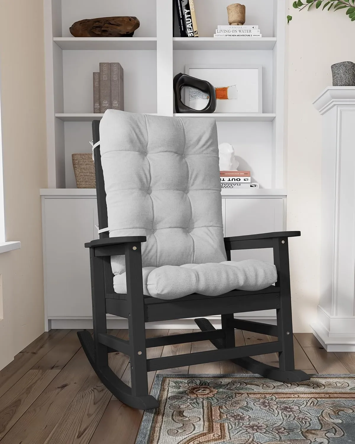 SERWALL SEWALL Oversized Cushioned Outdoor Rocking Chair, HDPE Rocker with Cushion, Patio Rocking Chairs for Porch, Black Chair Gray Cushion