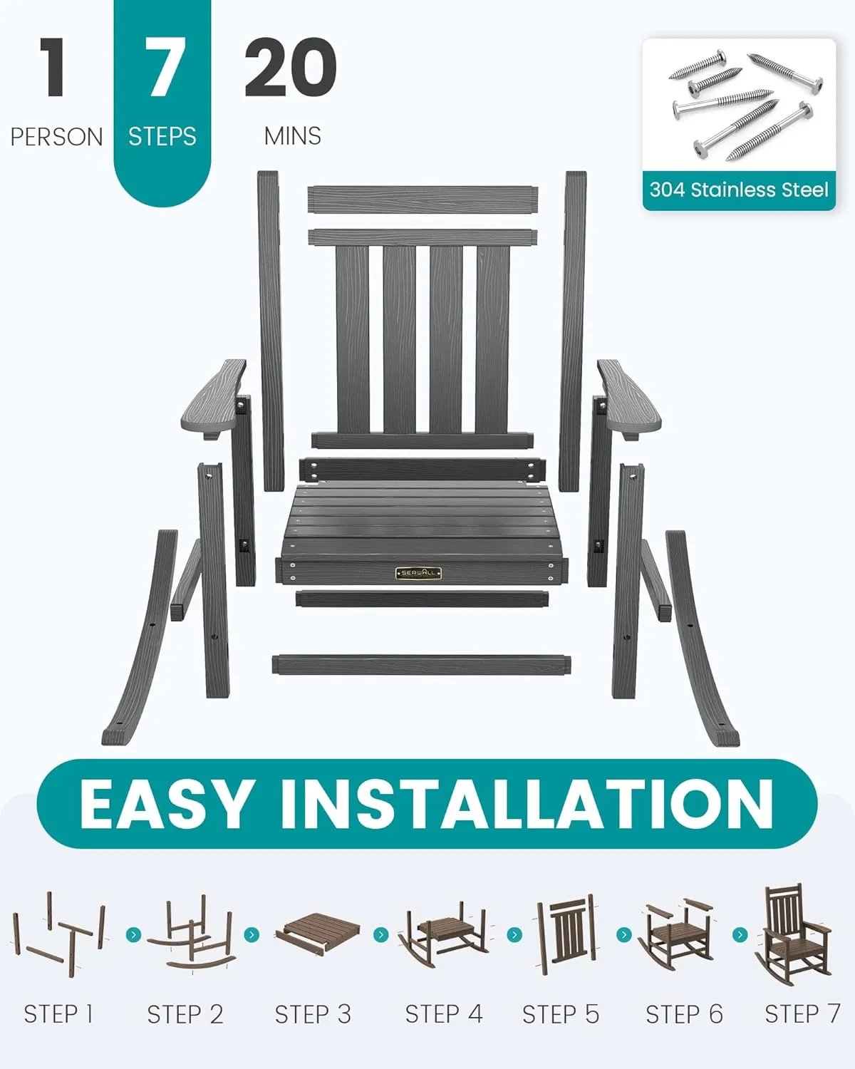 SERWALL SEWALL Oversized Outdoor Rocking Chair with Cushion, Patio Rocking Chairs for Porch, Gray HDPE Rocker Beige Cushion