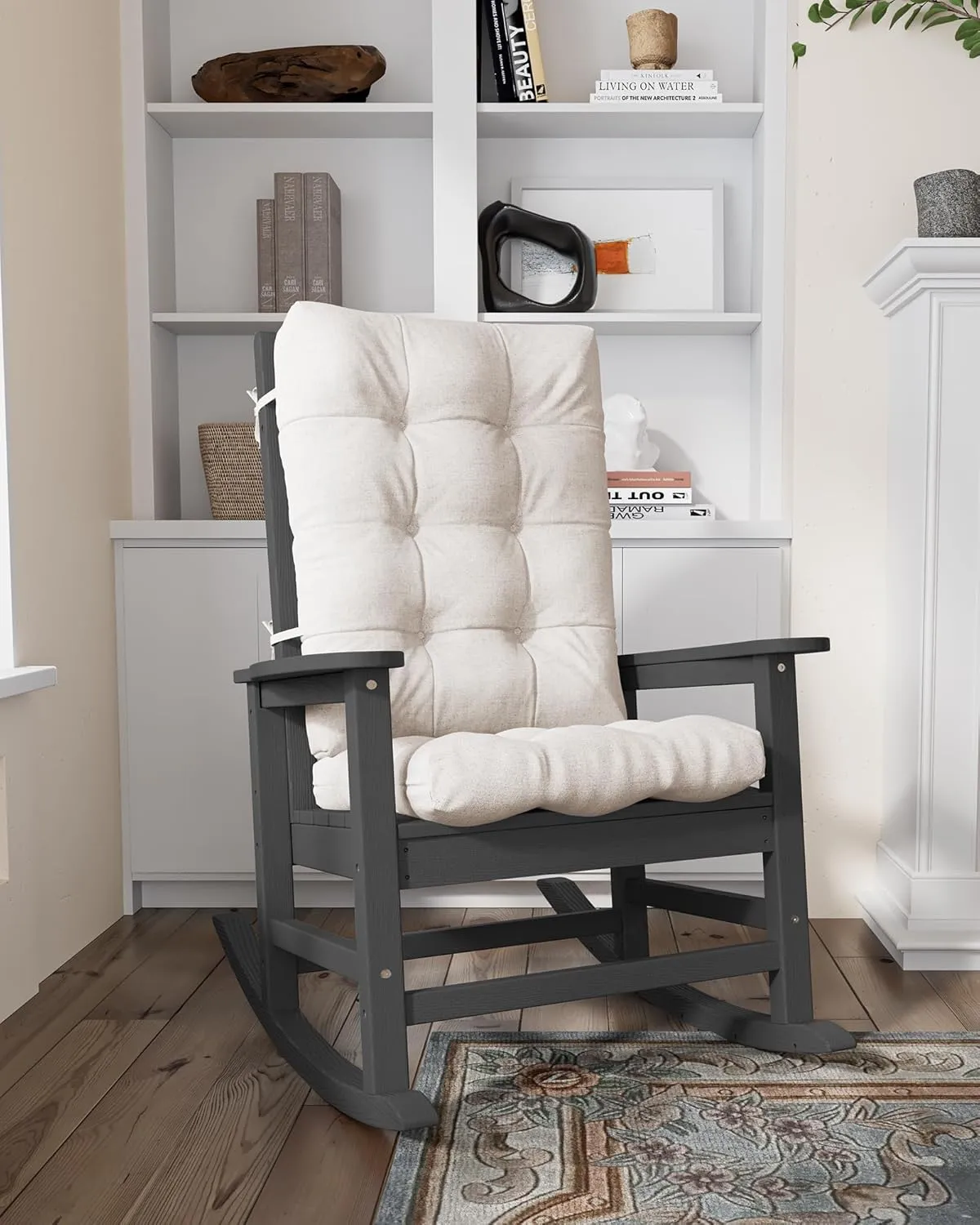 SERWALL SEWALL Oversized Outdoor Rocking Chair with Cushion, Patio Rocking Chairs for Porch, Gray HDPE Rocker Beige Cushion