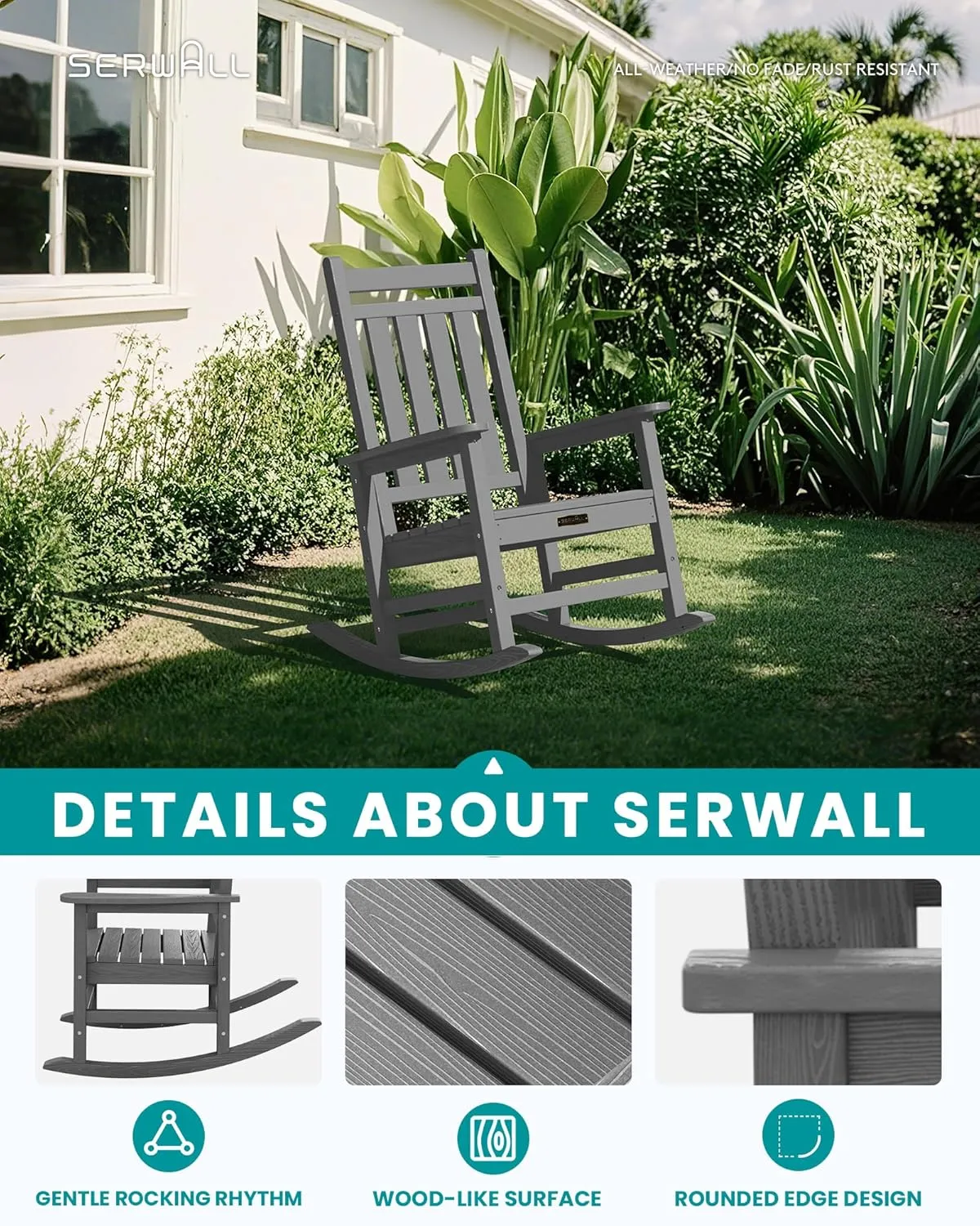 SERWALL SEWALL Oversized Outdoor Rocking Chair with Cushion, Patio Rocking Chairs for Porch, Gray HDPE Rocker Beige Cushion