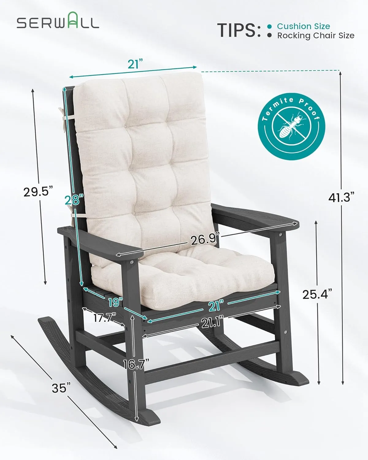 SERWALL SEWALL Oversized Outdoor Rocking Chair with Cushion, Patio Rocking Chairs for Porch, Gray HDPE Rocker Beige Cushion