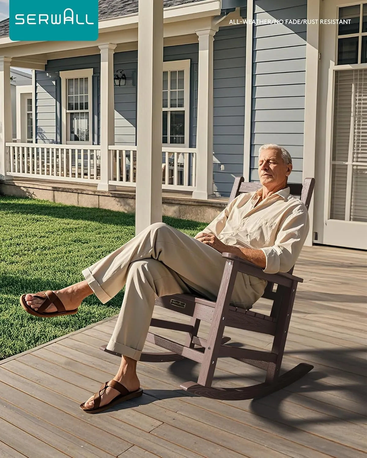 SEWALL HDPE Rocking Chair, Oversized Outdoor Rocking Chair for Adults, Patio Rocking Chairs for Porch, Brown