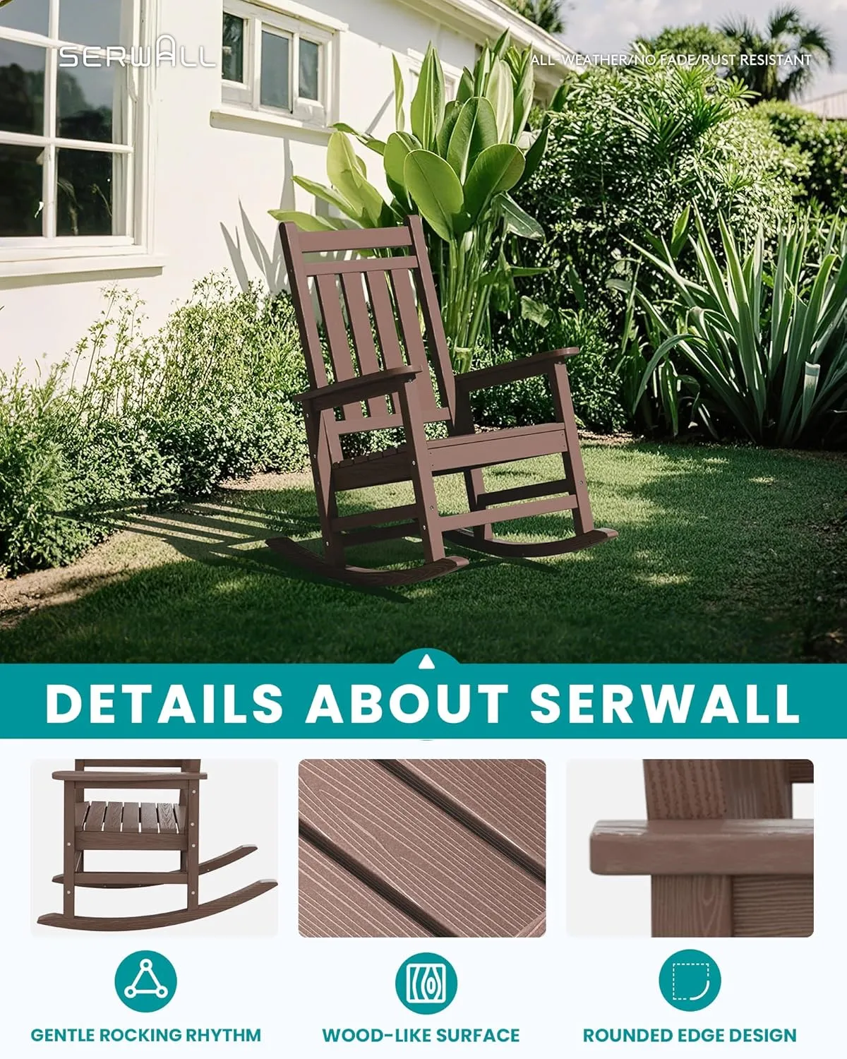 SEWALL HDPE Rocking Chair, Oversized Outdoor Rocking Chair for Adults, Patio Rocking Chairs for Porch, Brown