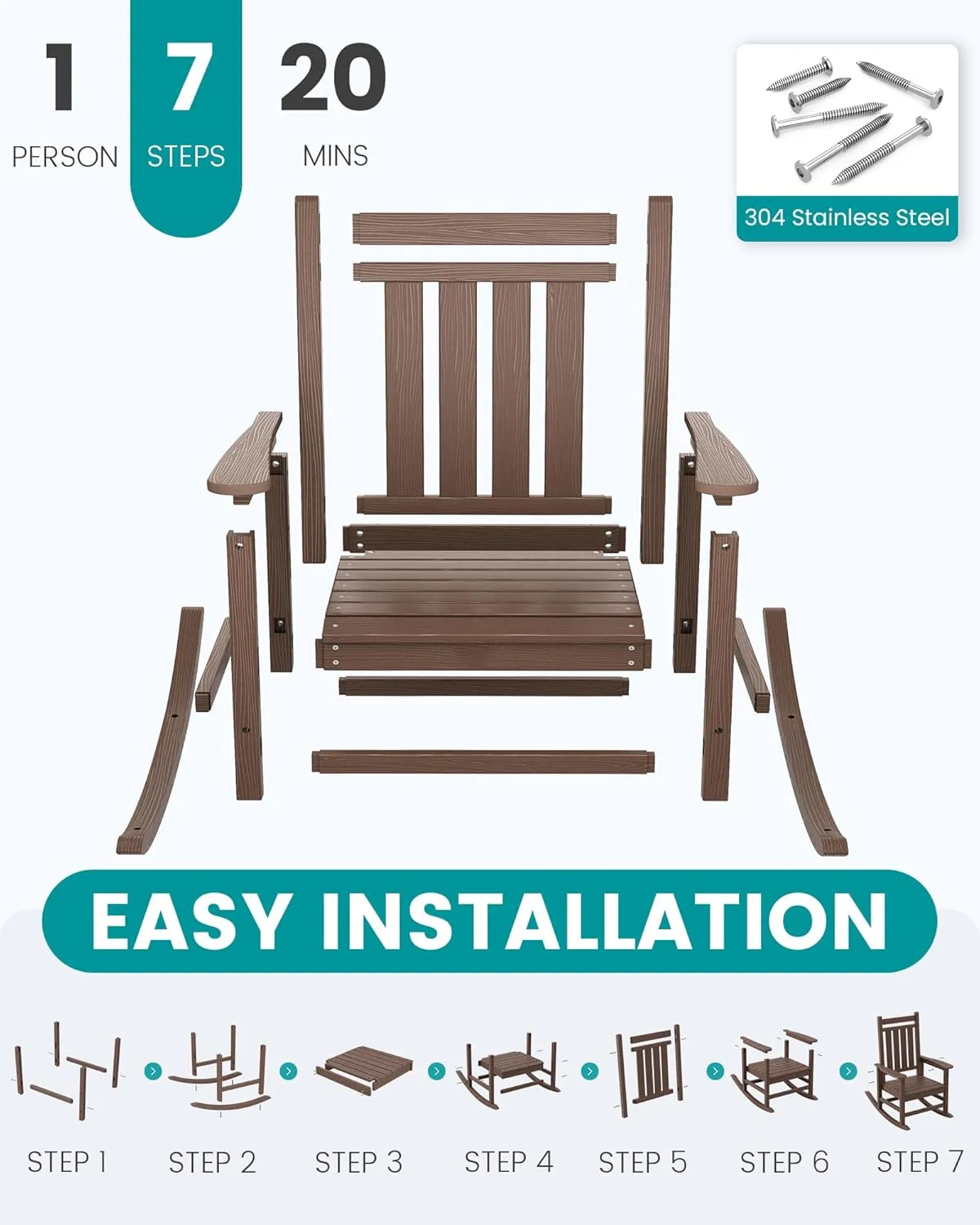 SEWALL HDPE Rocking Chair, Oversized Outdoor Rocking Chair for Adults, Patio Rocking Chairs for Porch, Brown