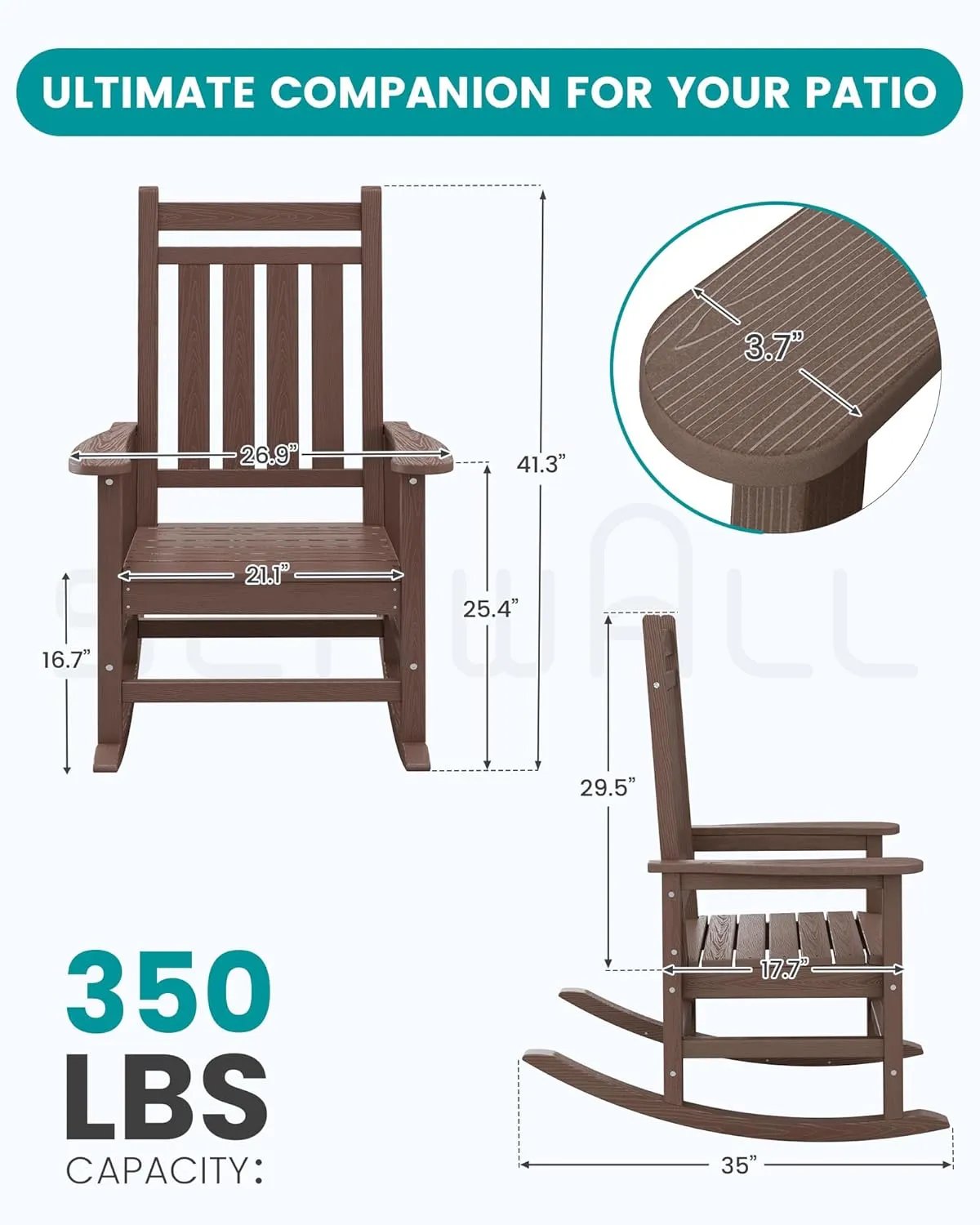 SEWALL HDPE Rocking Chair, Oversized Outdoor Rocking Chair for Adults, Patio Rocking Chairs for Porch, Brown
