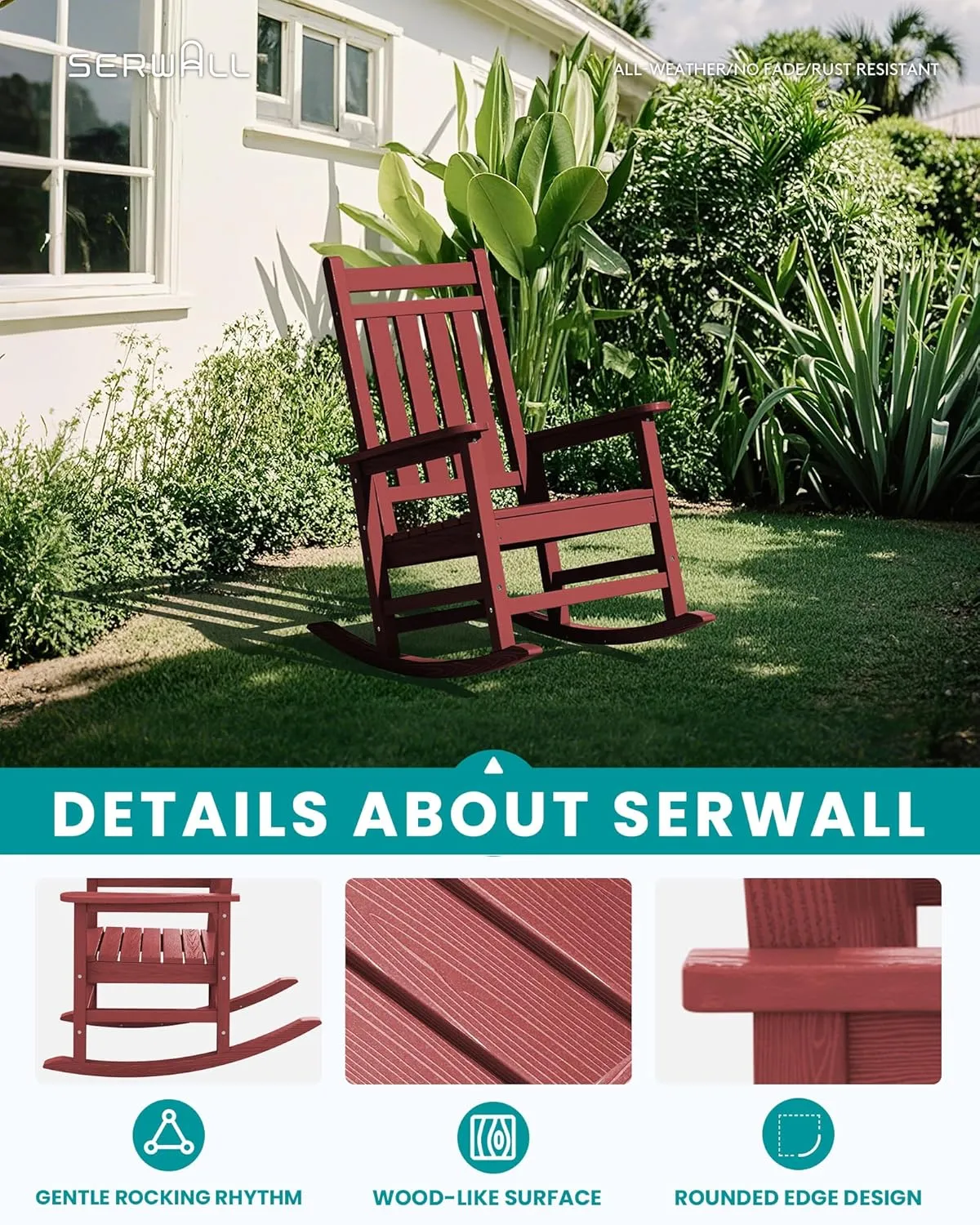 SEWALL HDPE Rocking Chair, Oversized Outdoor Rocking Chair for Adults, Patio Rocking Chairs for Porch, Crimson Red
